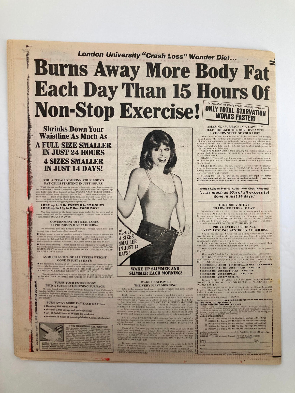 Philadelphia Journal Tabloid dated April 15, 1981, advertising a diet program, featuring a model and bold text highlighting weight loss benefits, alongside the tabloid's title.