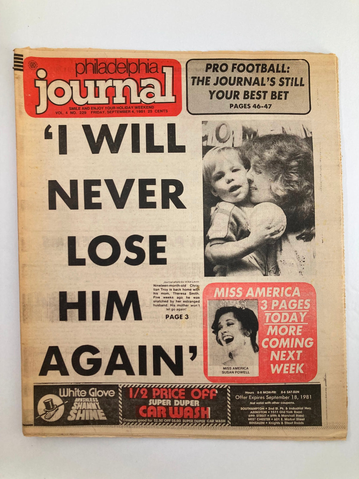 Philadelphia Journal Tabloid September 4 1981 Vol 4 #229 featuring the headline 'I WILL NEVER LOSE HIM AGAIN', showcasing a touching image of a parent with a child.