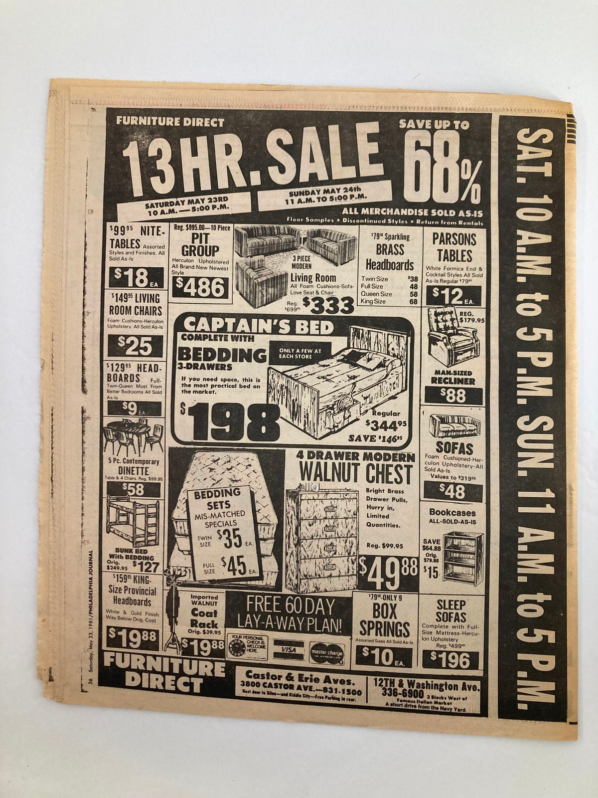 Philadelphia Journal Tabloid May 23 1981 Vol 4 #142 showing an advertisement for a furniture sale, featuring various products and prices, linked to the newspaper's publication date.