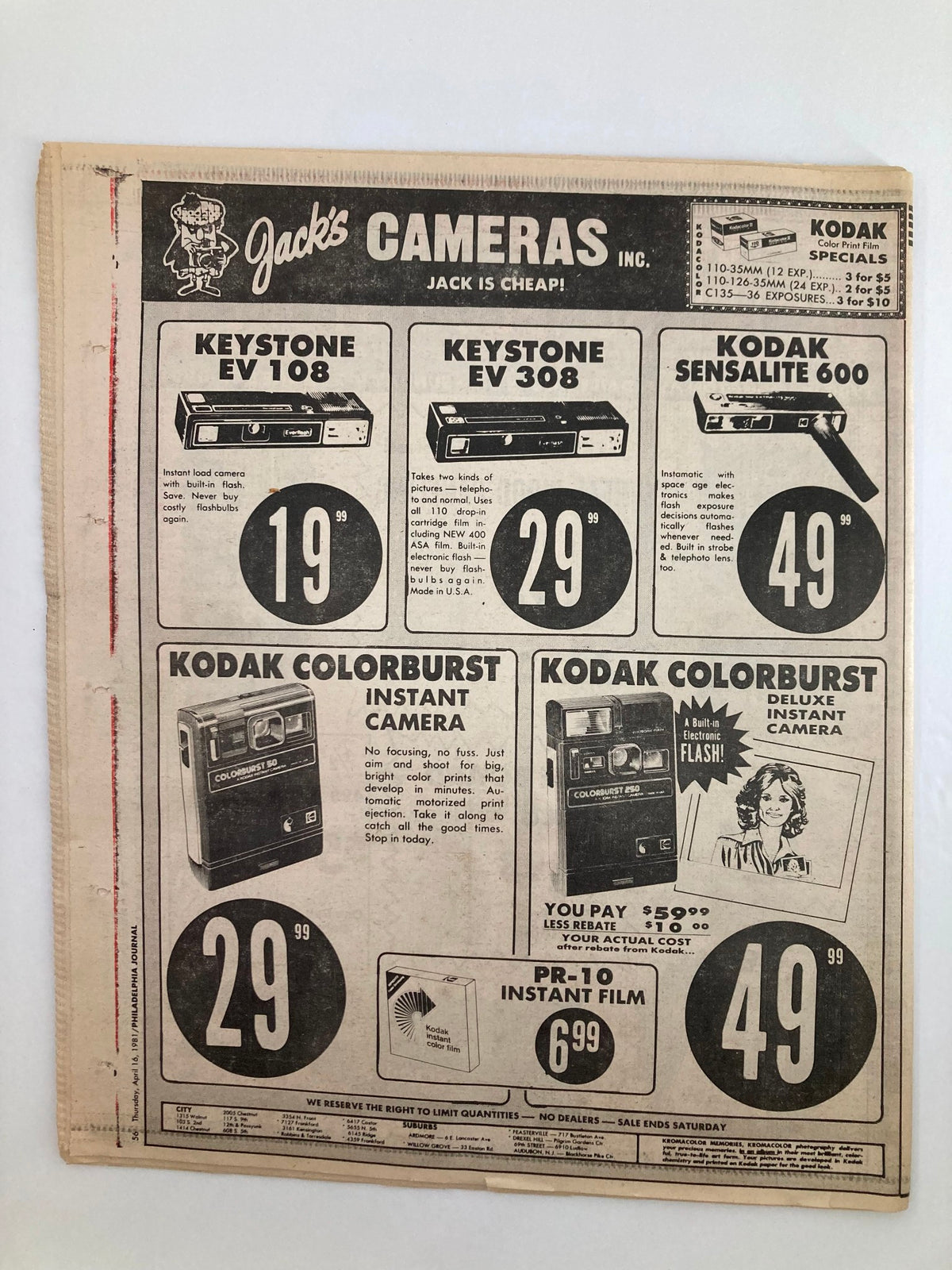 Philadelphia Journal Tabloid April 16 1981 Vol 4 #110, showcasing an advertisement for Jack's Cameras with various Kodak camera models and prices.