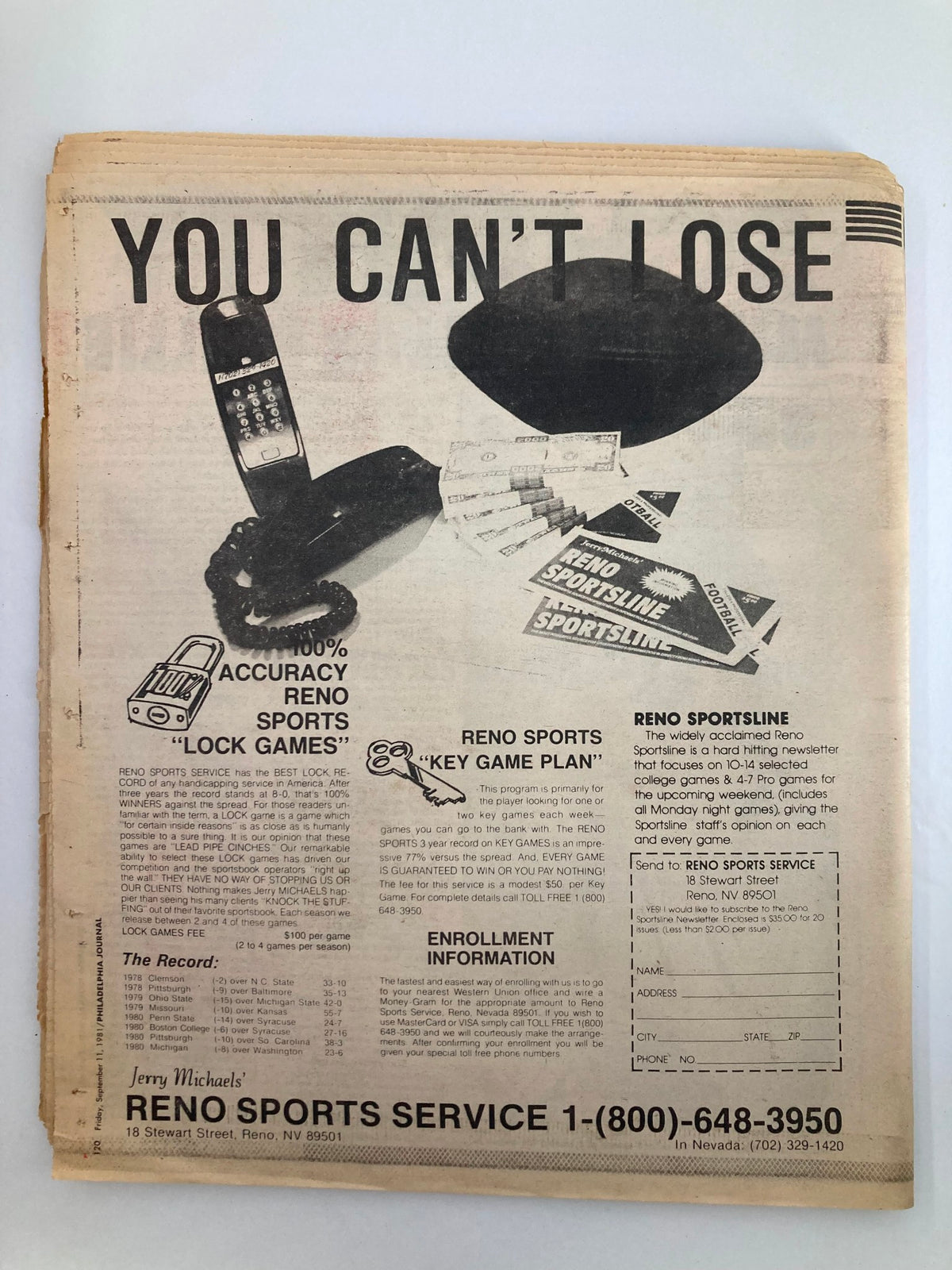 Philadelphia Journal Tabloid September 11 1981 Vol 4 #234, rear advertisement page titled 'You Can't Lose,' promoting Reno Sports Service and highlighting sports prediction services.