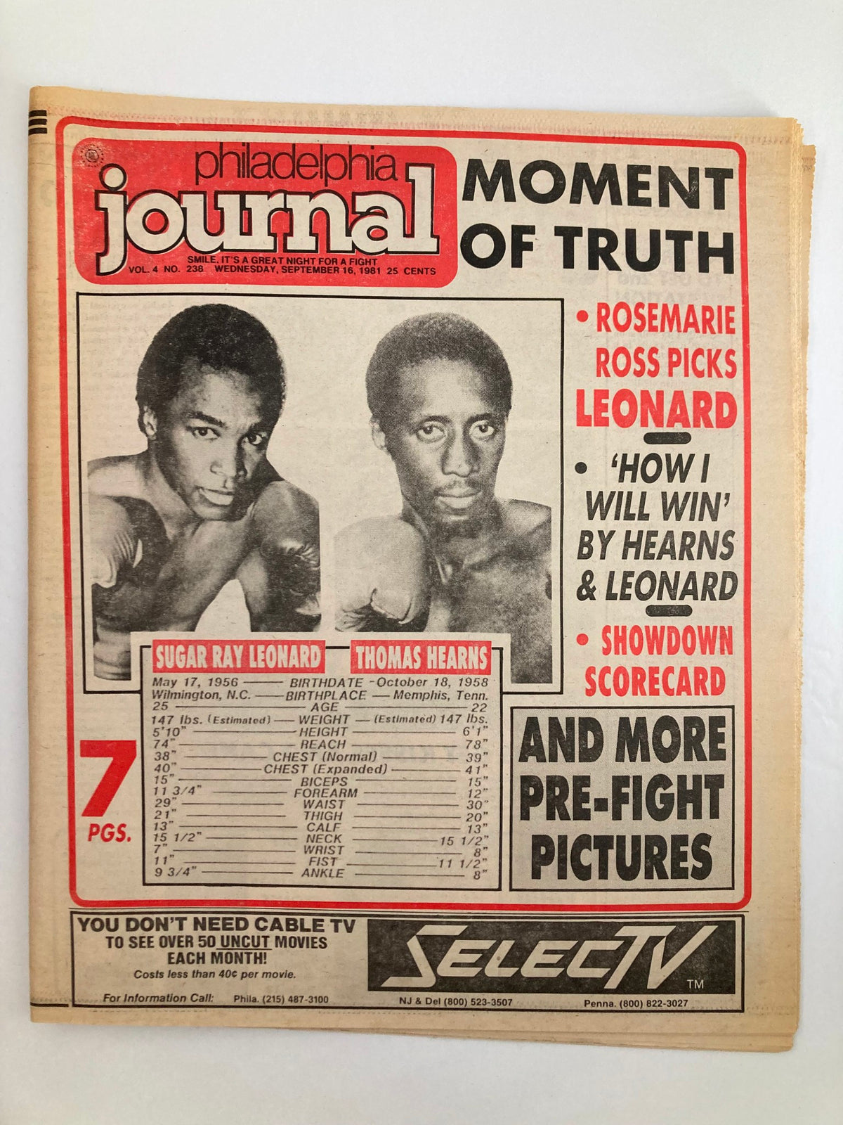 Philadelphia Journal Tabloid from September 16, 1981 featuring the headline 'Moment of Truth' highlighting the boxing match between Sugar Ray Leonard and Thomas Hearns. The cover includes images of both boxers and pre-fight details.