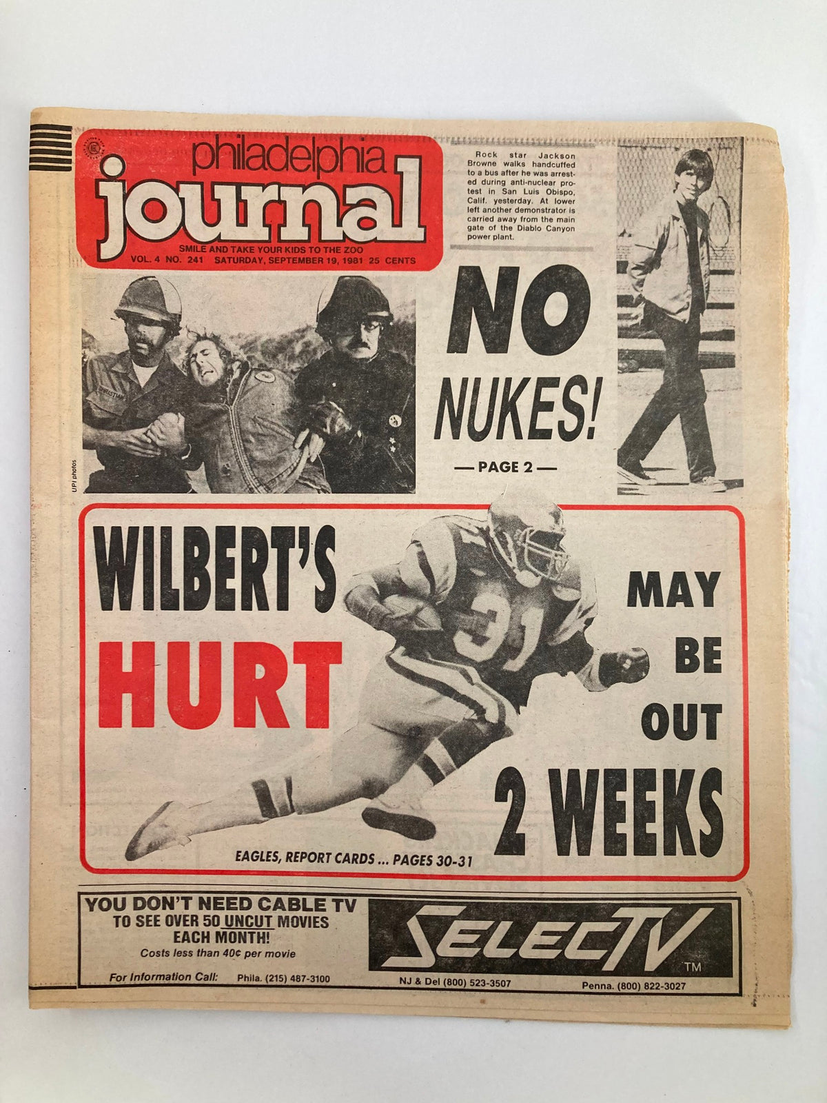 Philadelphia Journal Tabloid from September 19, 1981, featuring a headline about NFL Eagles player Wilbert Montgomery's injury, with the tagline 'WILBERT'S HURT' and a prominent 'NO NUKES!' protest announcement.