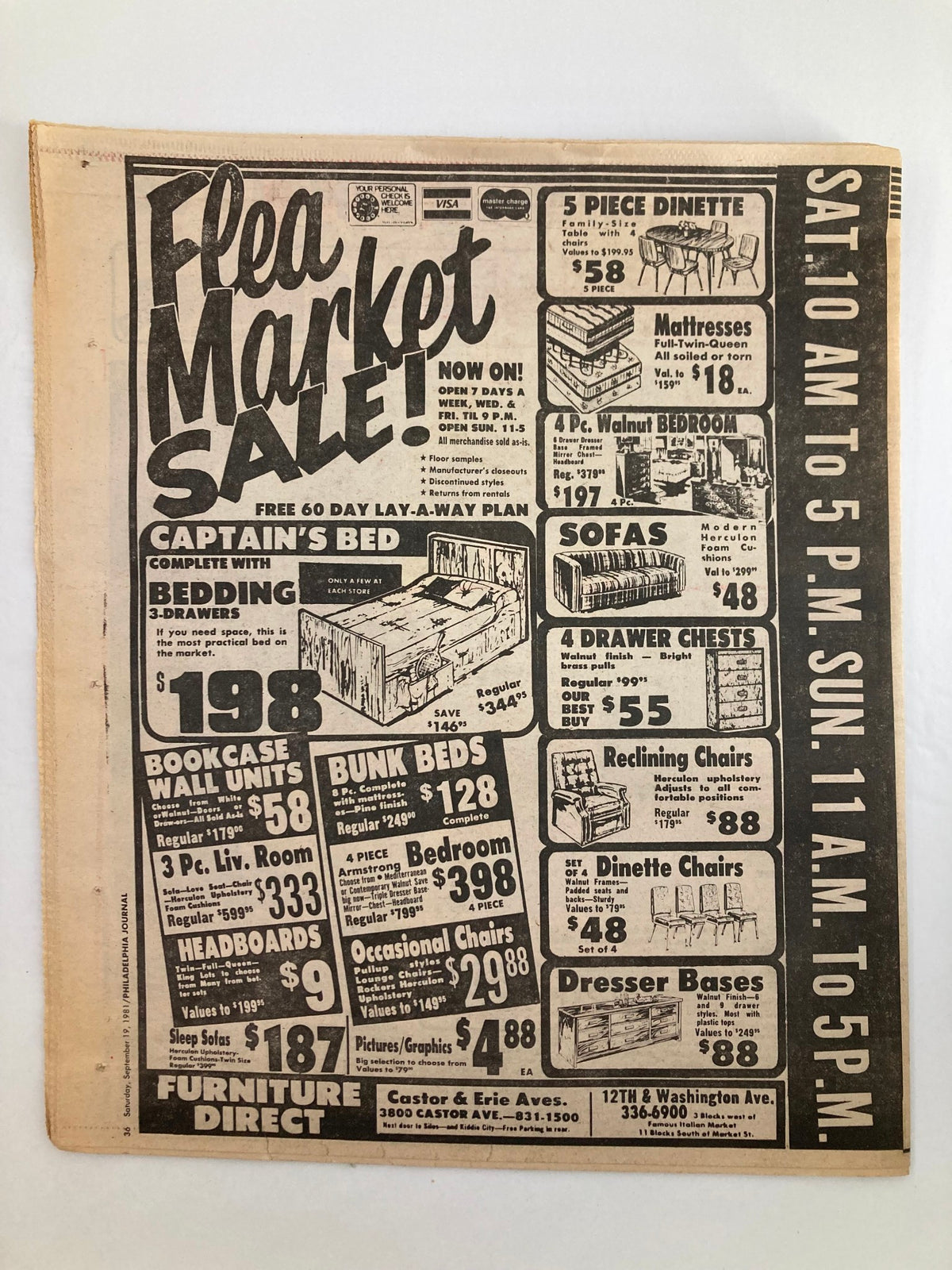Flea Market Sale advertisement page from Philadelphia Journal dated September 19, 1981, showcasing furniture deals and discounted items at Furniture Direct, with bold text promoting sales and opening times.