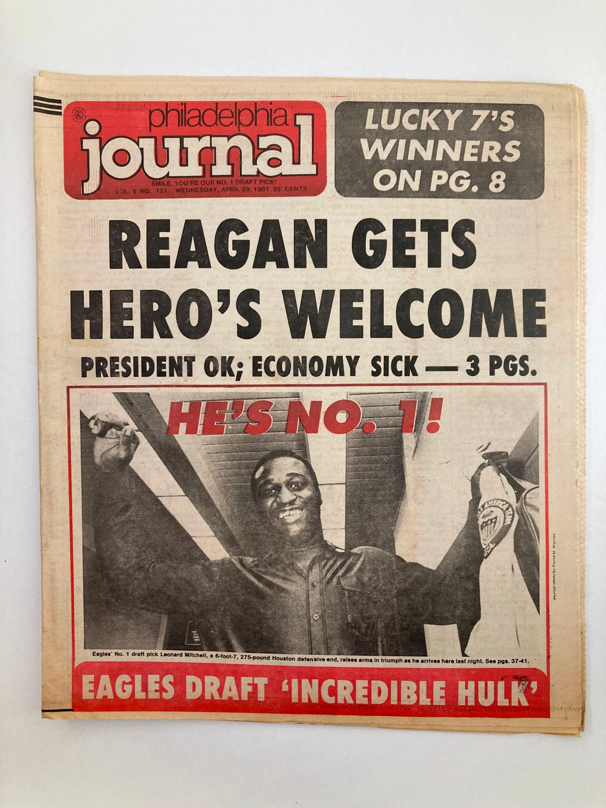 Philadelphia Journal tabloid from April 29, 1981, featuring a headline about Reagan getting a hero's welcome and coverage on NFL Eagles draft pick Leonard Mitchell, with an image of a smiling Mitchell celebrating.