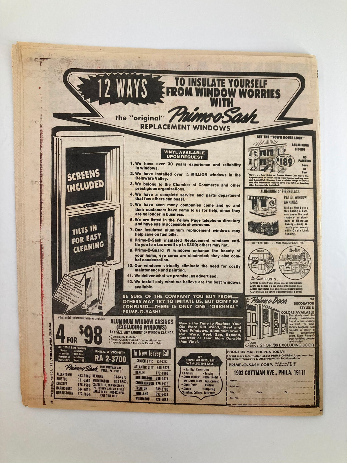 Back page of the Philadelphia Journal tabloid from April 29, 1981, showcasing an advertisement for Prime-O-Sash replacement windows, highlighting features such as screens included and easy cleaning.