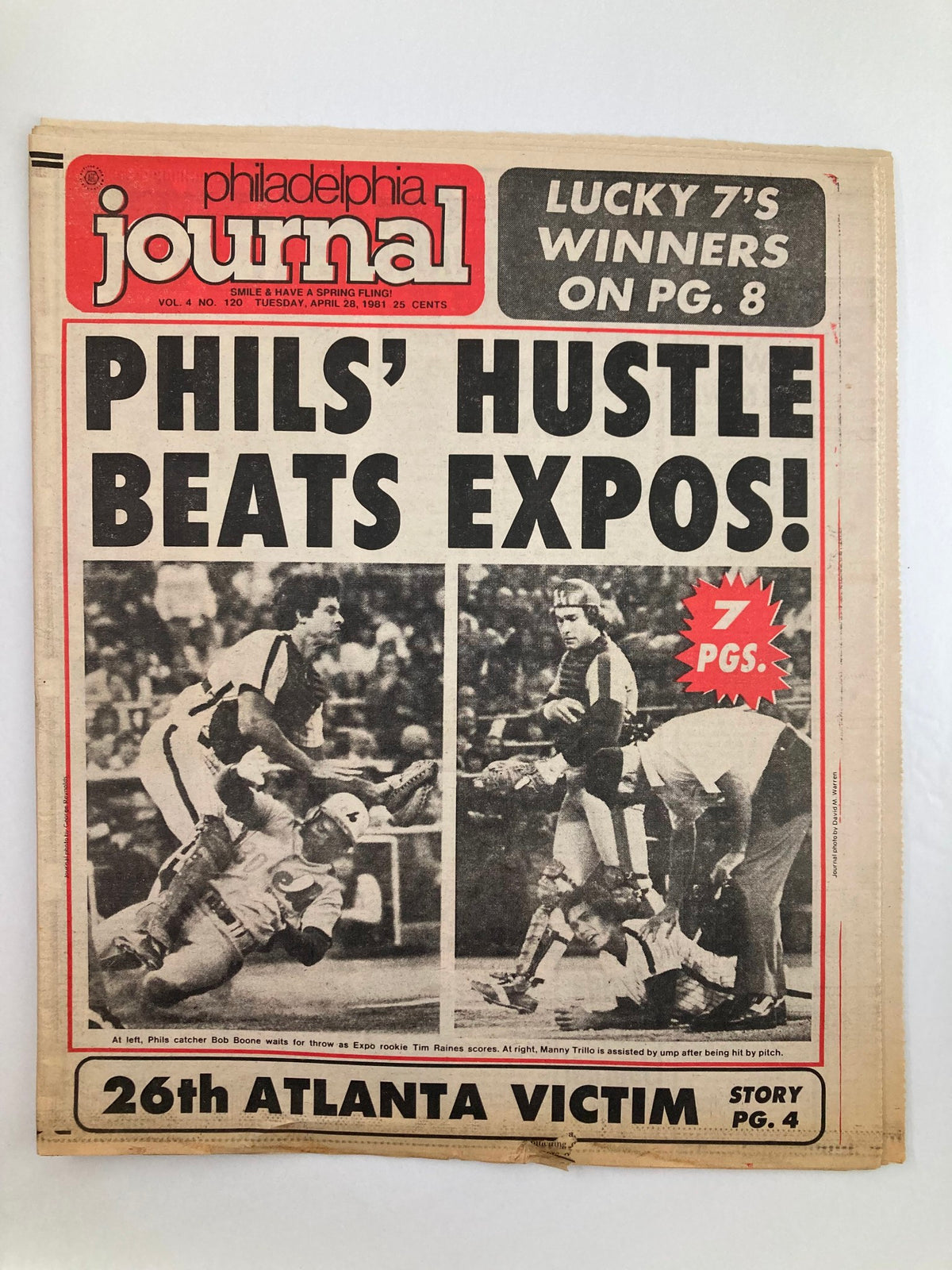 Philadelphia Journal Tabloid from April 28, 1981, Vol 4 #120 featuring the headline 'PHILS' HUSTLE BEATS EXPOS!' and images of Bob Boone as Philadelphia Phillies catcher during a baseball game.