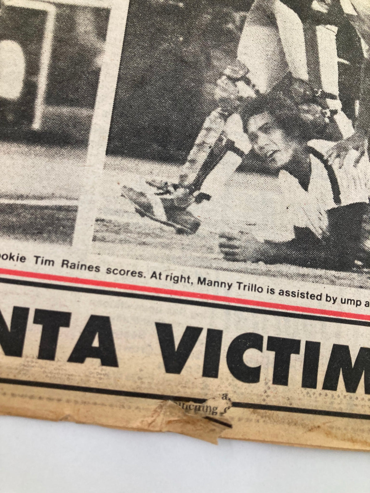 Close-up of the Philadelphia Journal Tabloid dated April 28, 1981, showing Bob Boone and action from a baseball game, with '26th ATLANTA VICTIM' highlighted on the page.