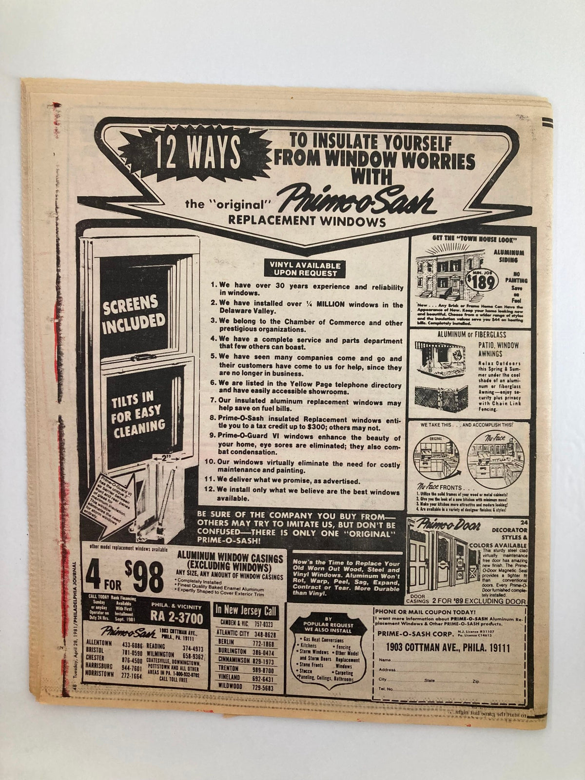 Vintage advertisement from the Philadelphia Journal Tabloid dated April 28, 1981, volume 4 #120, featuring '12 Ways to Insulate Yourself from Window Worries' with Prime-O-Sash replacement windows. A nostalgic glimpse into home improvement advertising during the early 80s.