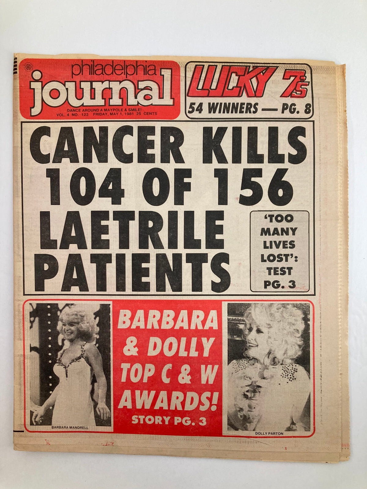 Philadelphia Journal Tabloid May 1 1981 Vol 4 #123 featuring headlines about Cancer kills and Barbara Mandrell and Dolly Parton winning awards, showcasing vintage journal design.