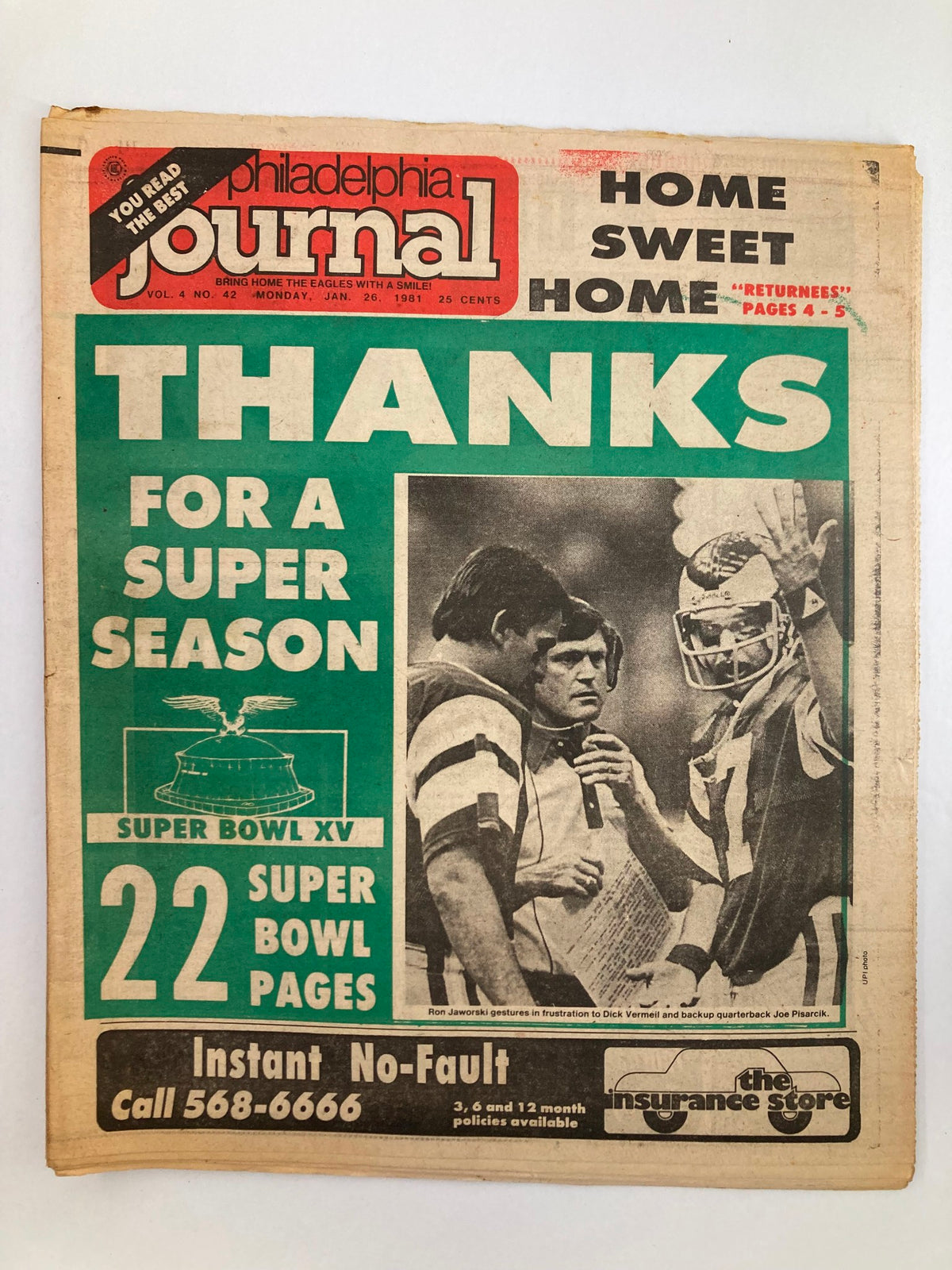 Philadelphia Journal Tabloid January 26 1981 Vol 4 #42 featuring NFL Eagles Ron Jaworski. The front cover thanks fans for a successful season with prominent Super Bowl XV details.