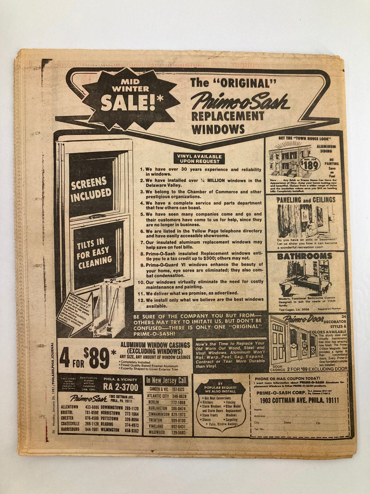 Back cover of the Philadelphia Journal Tabloid January 26 1981 Vol 4 #42, showcasing a Mid Winter Sale advertisement for Prime-O-Sash Replacement Windows.