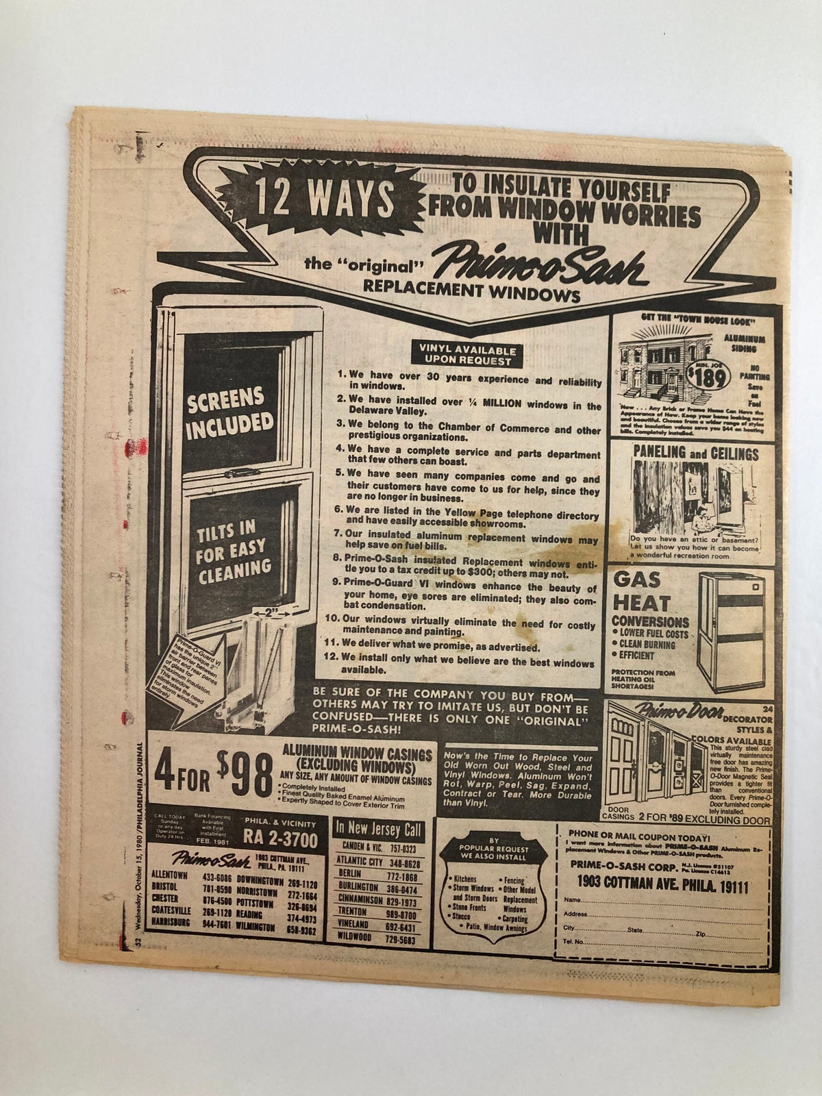 Back cover of the Philadelphia Journal Tabloid dated October 15, 1980, showcasing an advertisement for window replacements with the text '12 Ways to Insulate Yourself From Window Worries'.