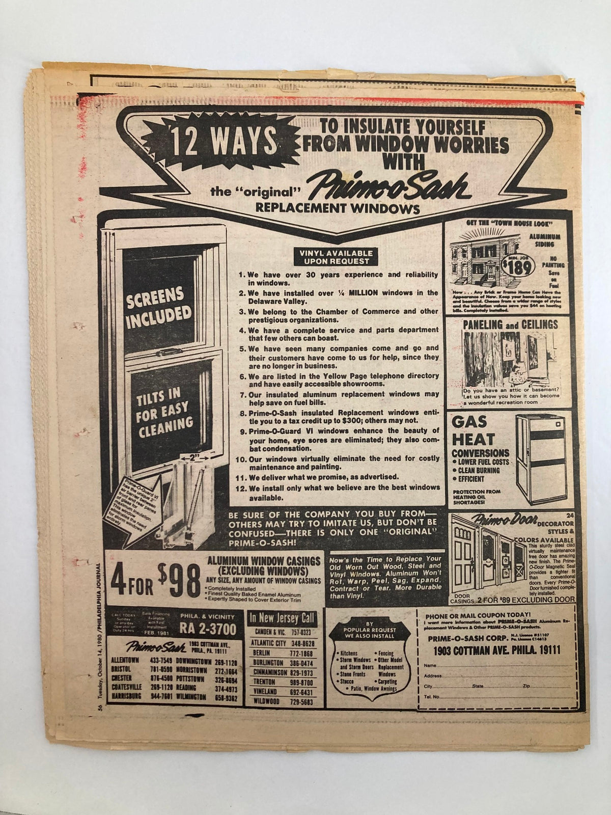 Philadelphia Journal Tabloid October 14, 1980 featuring advertisements including a promotion for Prime-O-Sash replacement windows. The tabloid highlights various window insulation methods, showcasing a vintage design reflective of its era, complementing the Philadelphia Phillies' World Series coverage in this collectible issue.
