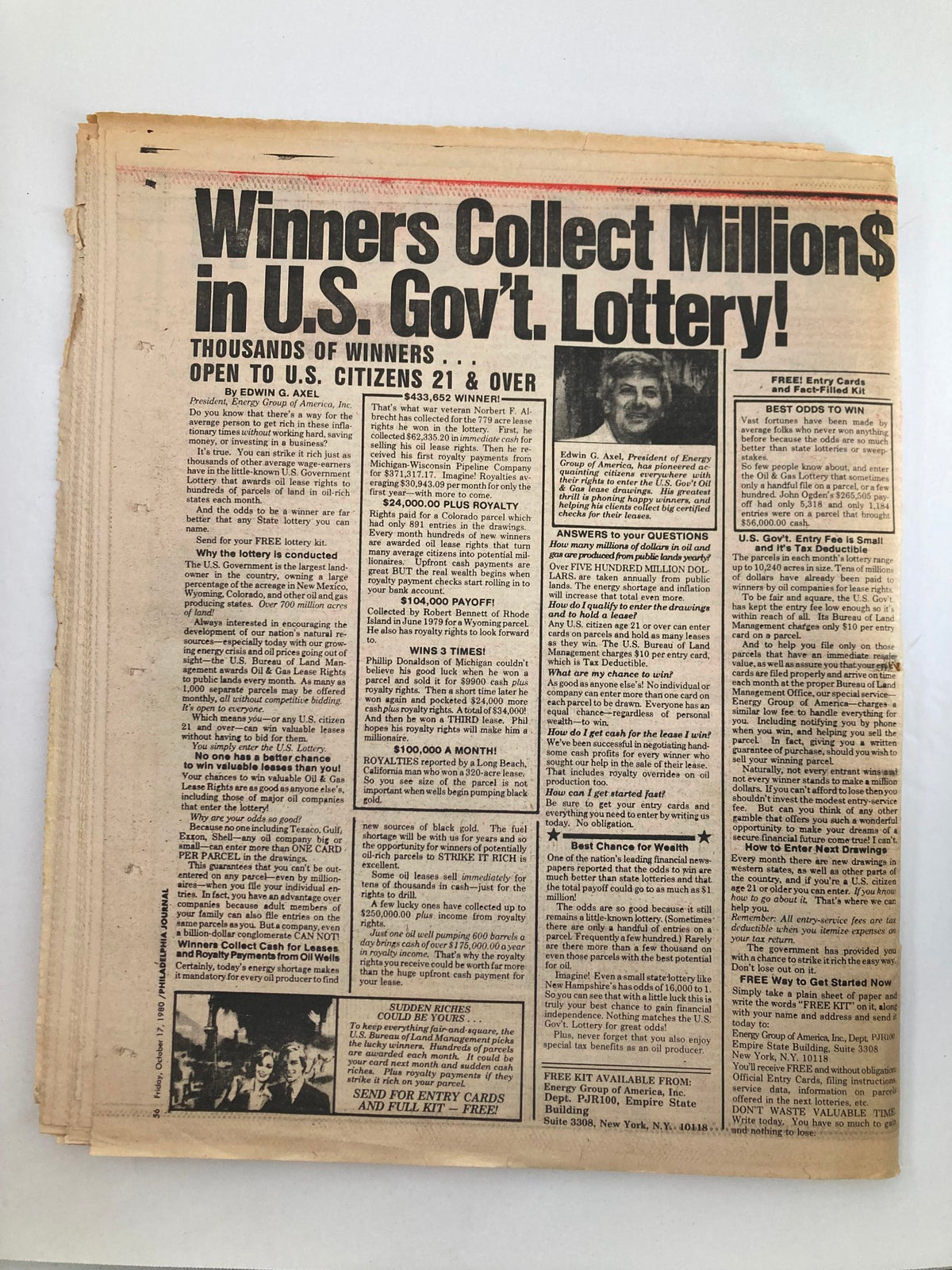 Philadelphia Journal Tabloid from October 17, 1980, showcasing an article about winners of the U.S. Government Lottery. The page includes details about lottery winners and promotional offers, emphasizing its entertainment and news value.