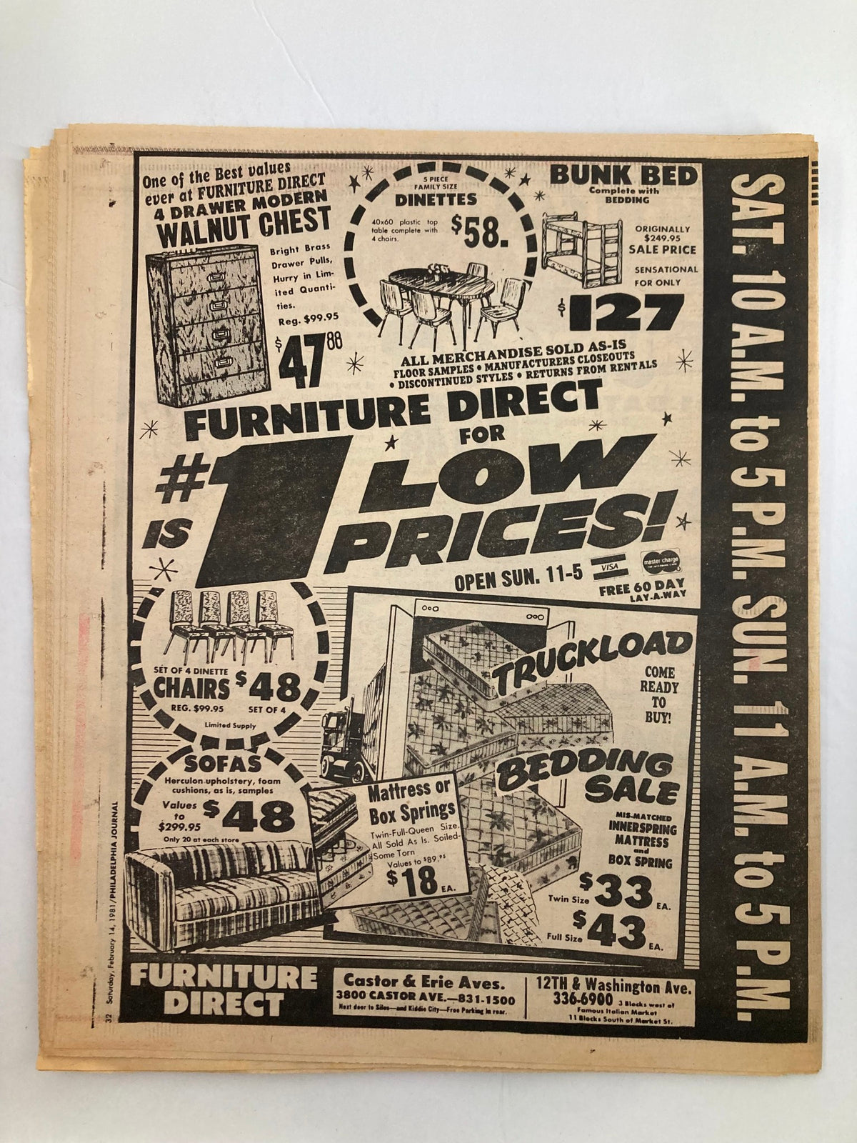Furniture Direct advertisement from Philadelphia Journal Tabloid February 14 1981 featuring promotional prices on various home furnishings.