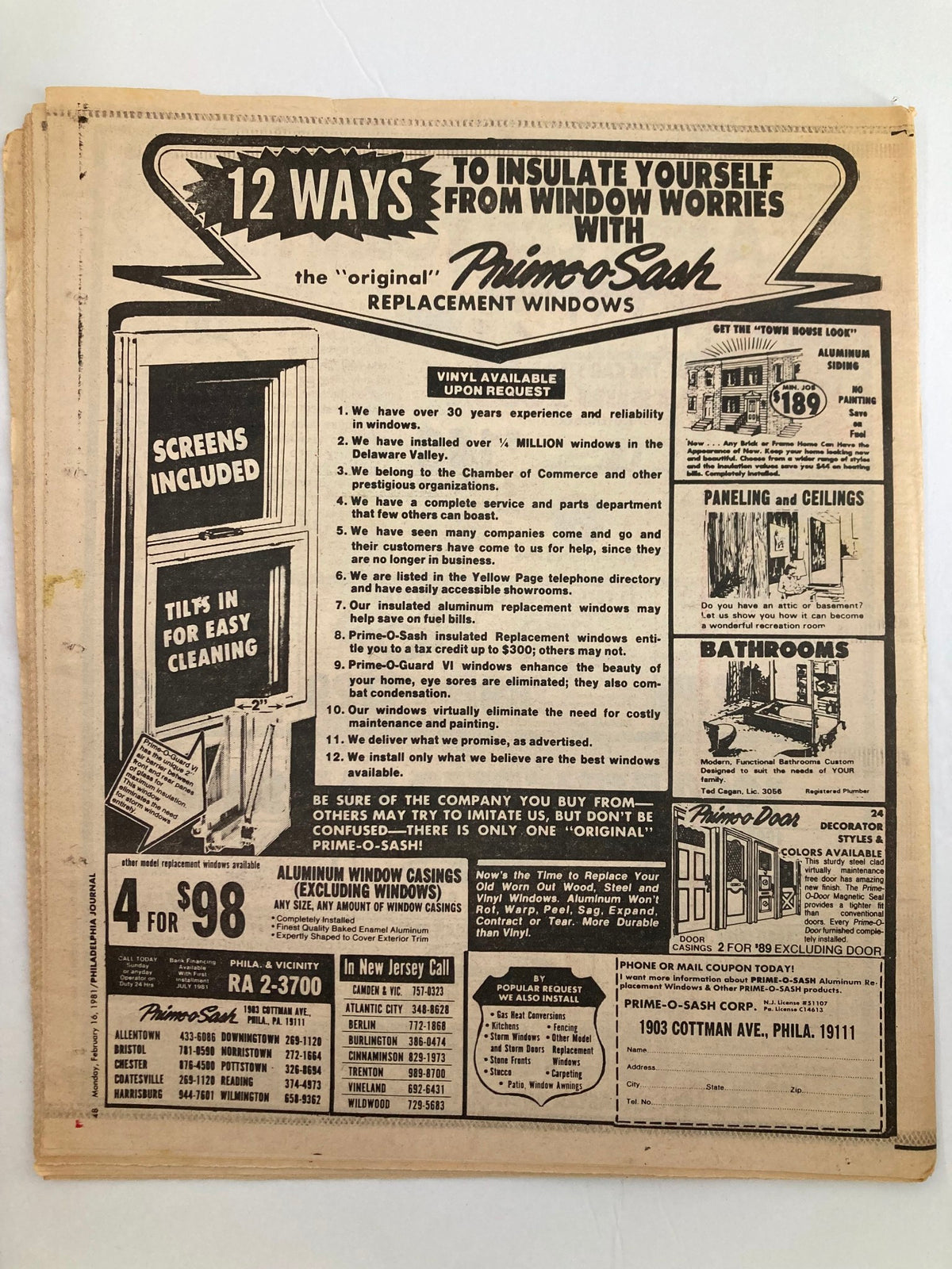 Advertisement page from Philadelphia Journal Tabloid, showcasing window replacement services, dated February 16, 1981.