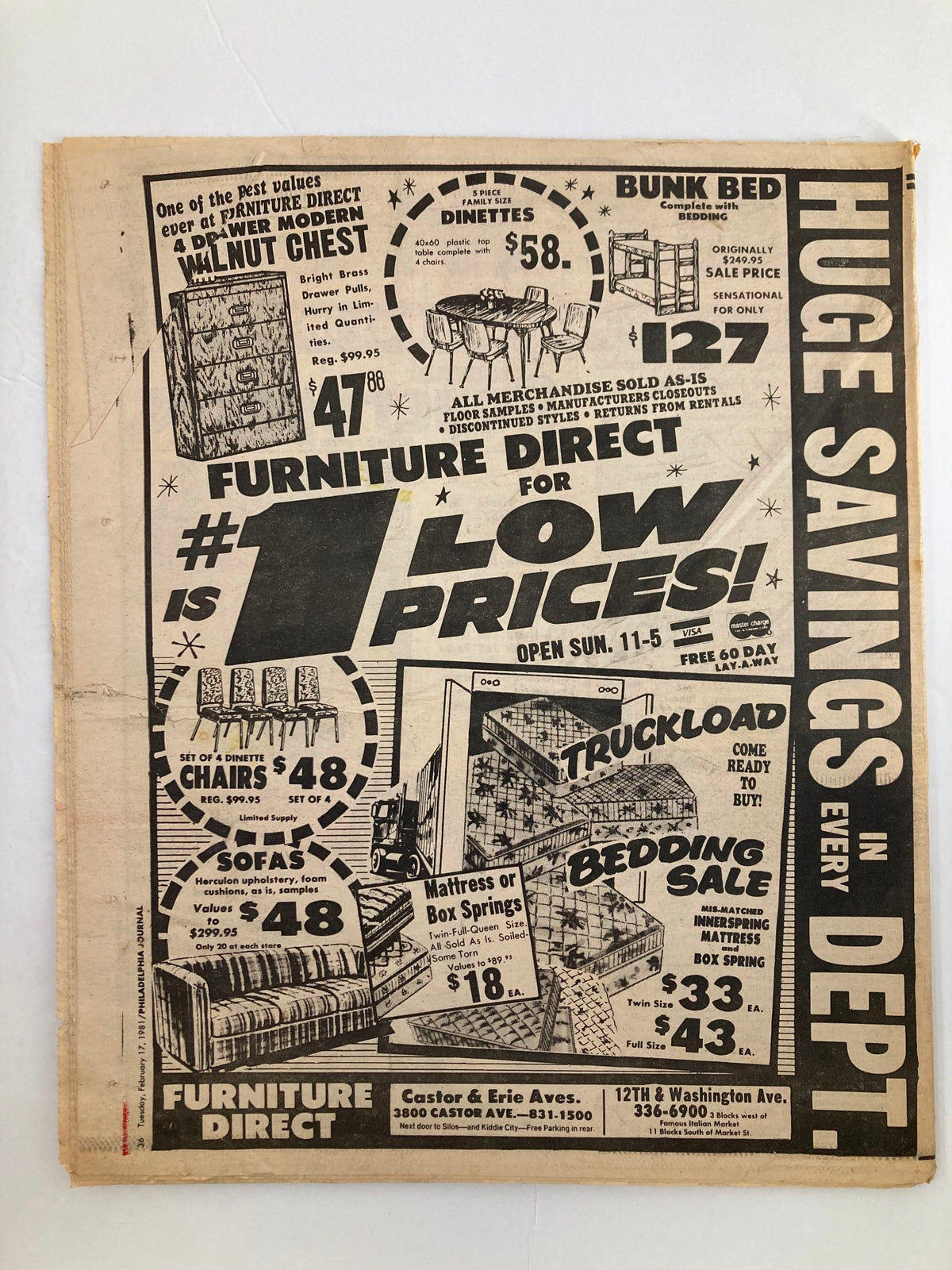 Back cover of the Philadelphia Journal Tabloid, February 17, 1981, Vol 4 #61, presenting an advertisement for Furniture Direct with a focus on low prices for various home furnishings including chairs and mattresses. The design features eye-catching black and white graphics.