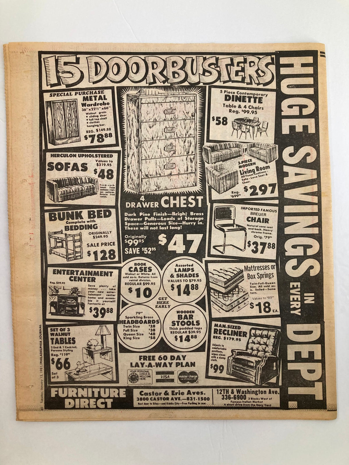 Philadelphia Journal Tabloid January 13 1981 showcasing advertisement for furniture sales, highlighting huge savings with a vintage design.