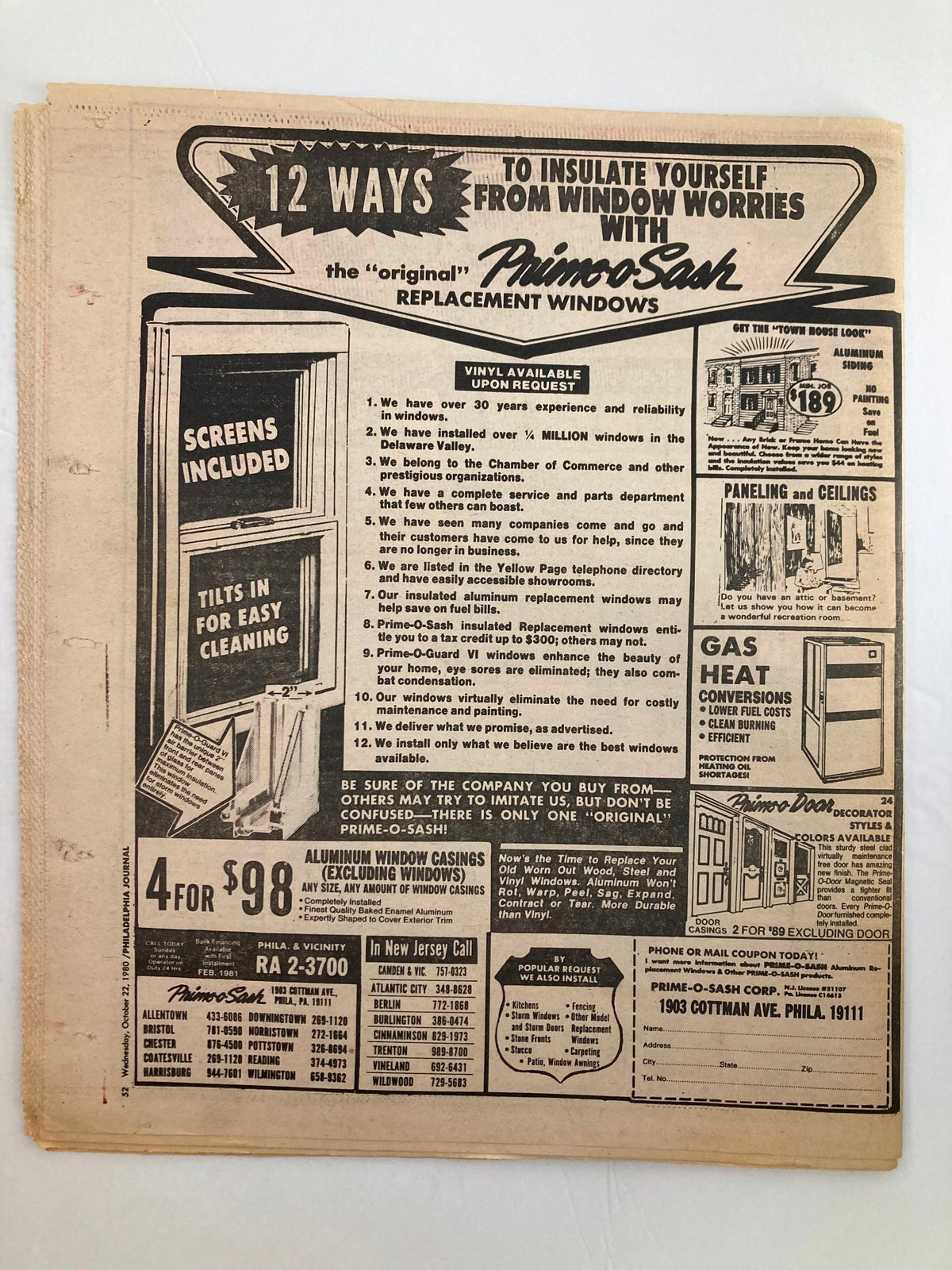 Back cover of Philadelphia Journal Tabloid October 22 1980 Vol 3 #268 featuring an advertisement for Prime-O-Sash replacement windows and insulation services.