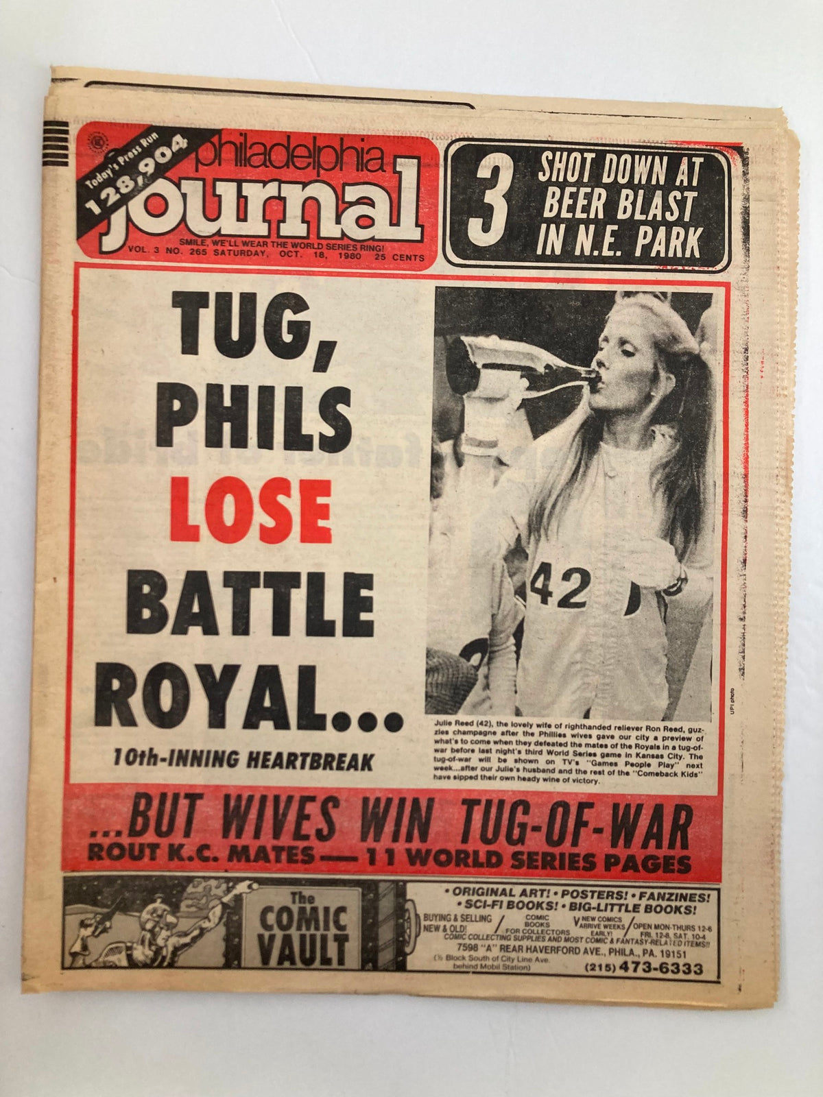 Philadelphia Journal Tabloid from October 18, 1980, Vol 3 #265, featuring a prominent headline: 'Tug, Phils Lose Battle Royal...' and discussing the sports event with the subheading focused on the World Series, showcasing vintage newspaper design and dated sports news.