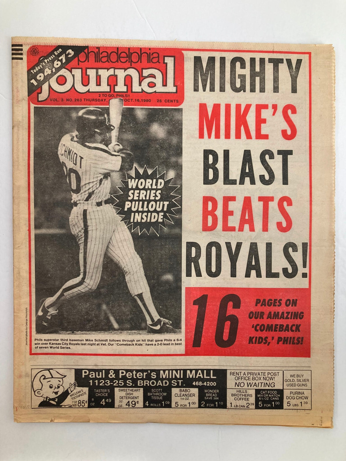 Philadelphia Journal Tabloid October 16 1980 featuring Mike Schmidt on the cover, highlighting his achievements with the Phillies and including a World Series pullout.