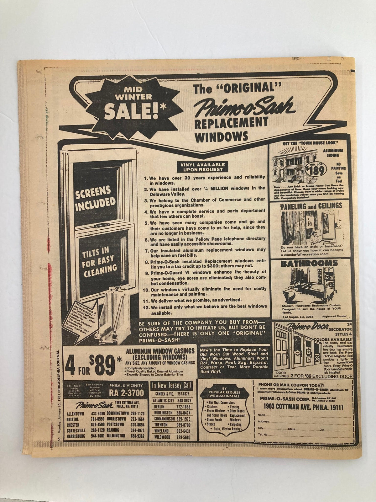 Back cover of Philadelphia Journal tabloid advertising Mid Winter Sale for Primo Sash Replacement Windows, highlighting features like screen inclusion and ease of cleaning.