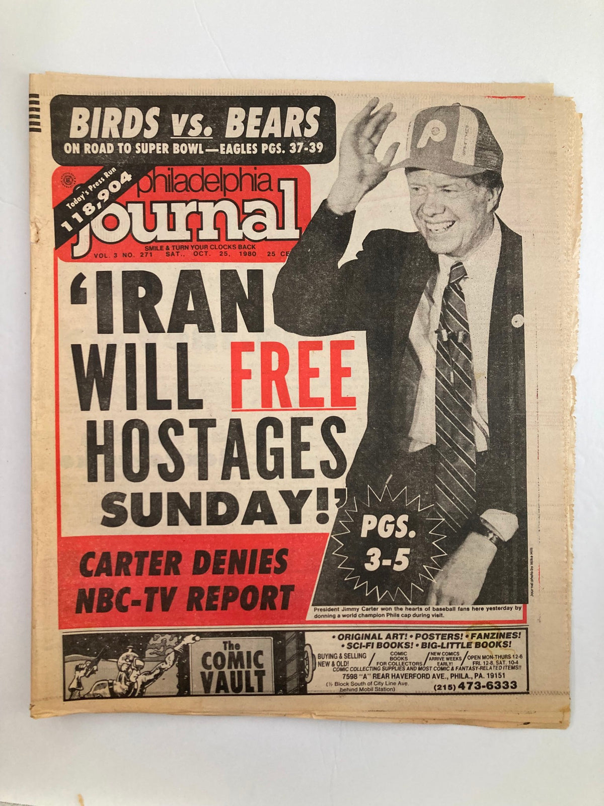 Philadelphia Journal Tabloid October 25 1980 Vol 3 #271 featuring a headline about Iran freeing hostages, with an image of President Jimmy Carter wearing a Philadelphia Eagles hat.