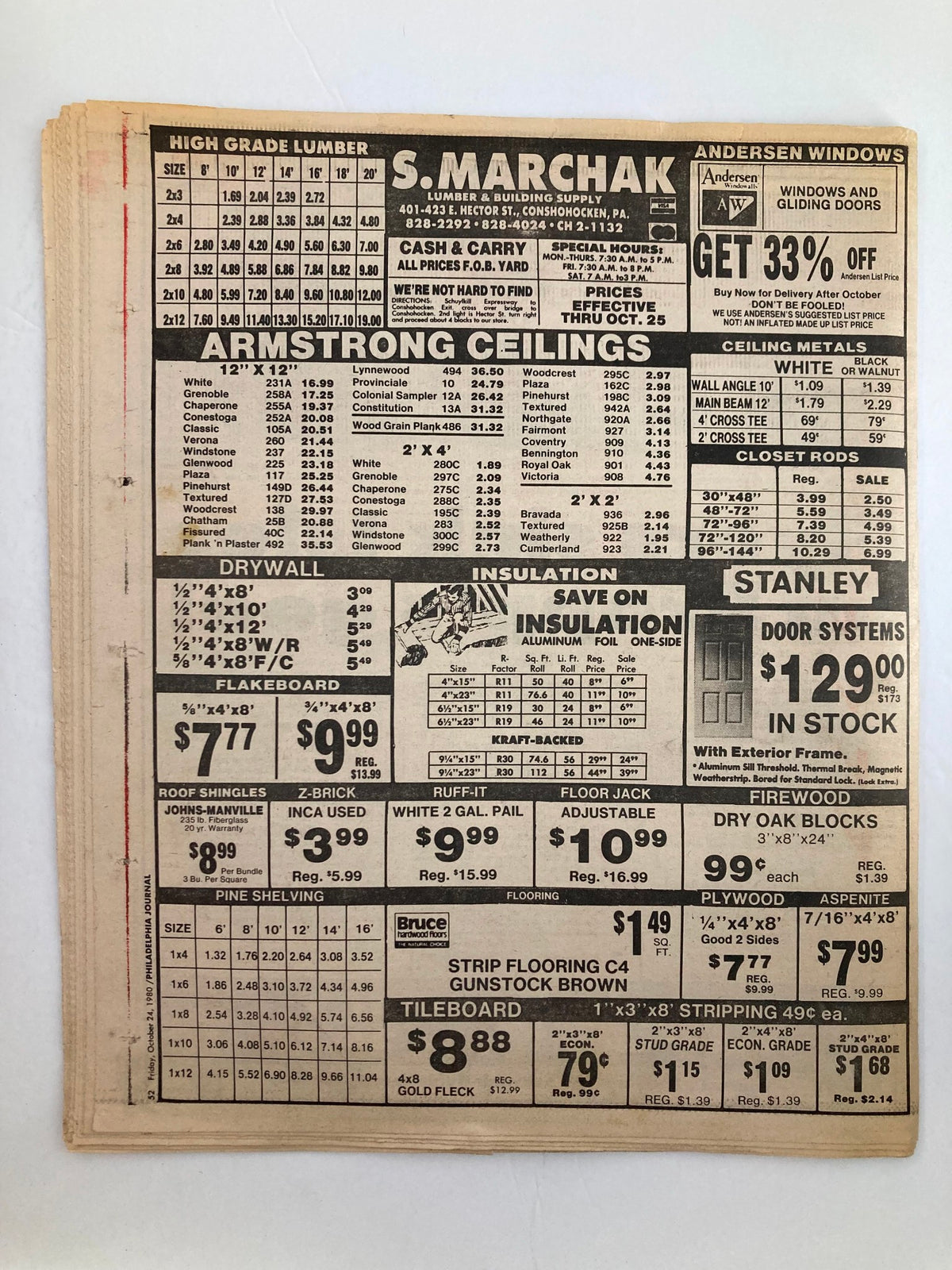 Back cover of Philadelphia Journal Tabloid October 24 1980 showing advertisements for home improvement supplies and services, including pricing for drywall and insulation, emphasizing local businesses.