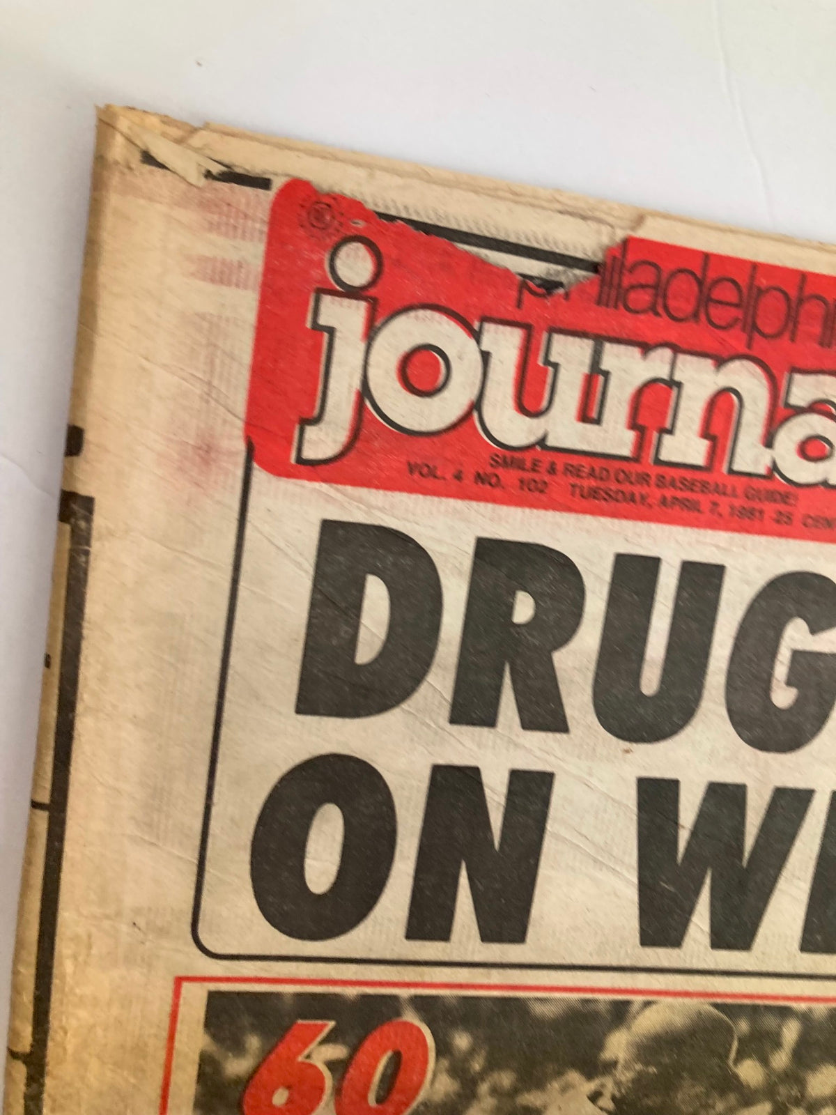 Close-up of the Philadelphia Journal Tabloid from April 7, 1981, Volume 4 #102 featuring top of the newspaper with focus on the title 'journal' and date.