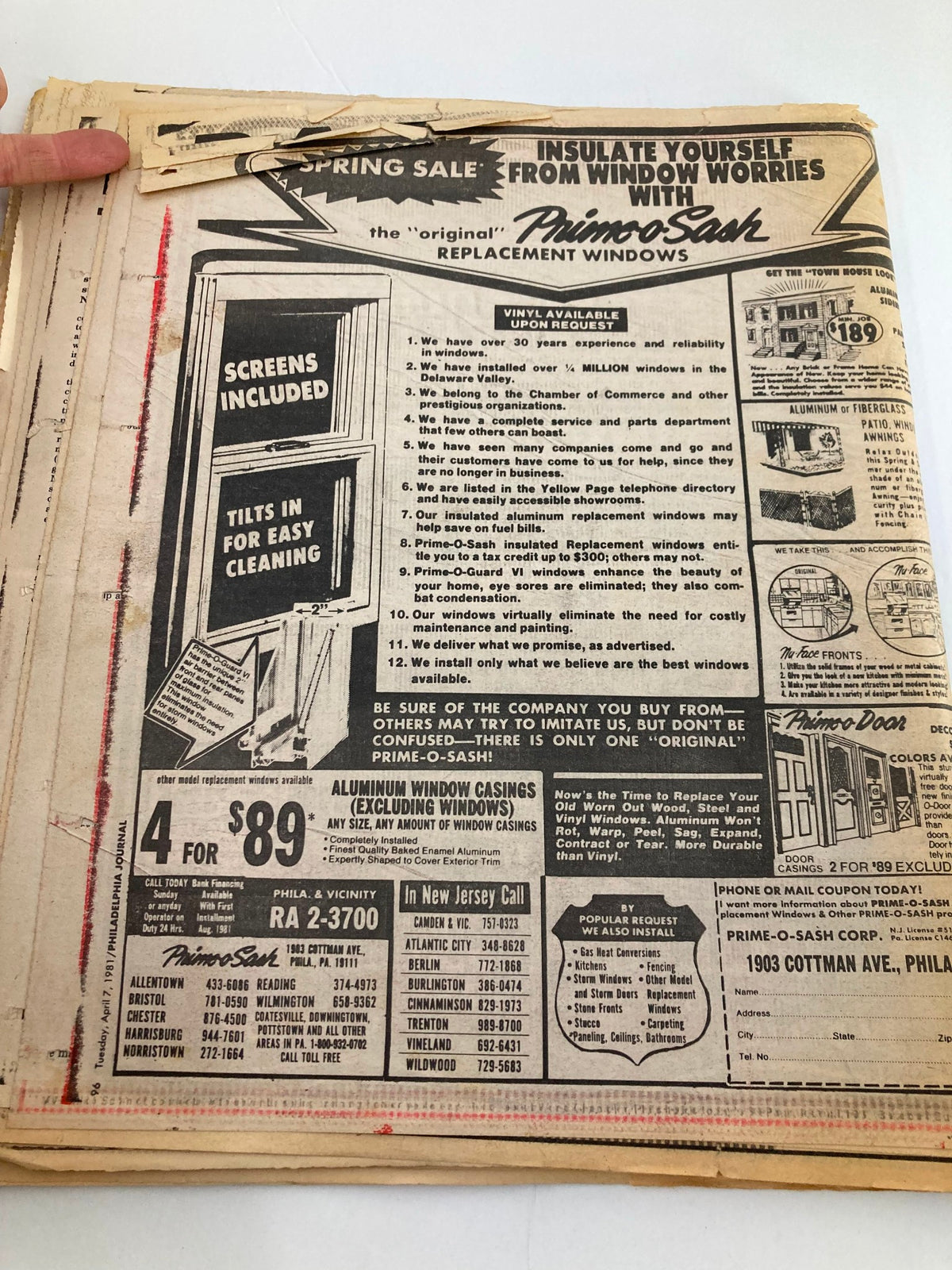 Inside page of the Philadelphia Journal Tabloid April 7, 1981, Volume 4 #102 displaying advertisements and content about window replacements.