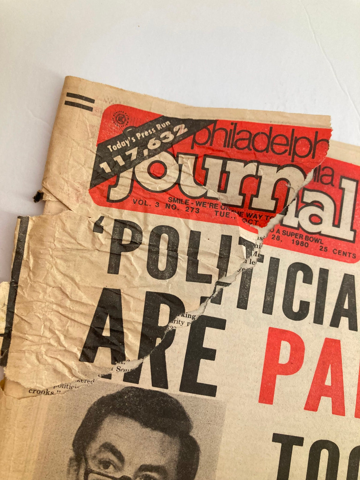 Close-up of the Philadelphia Journal Tabloid from October 28, 1980, Vol 3 #273 featuring Mayor Bill Green, highlights visible wear and creases.