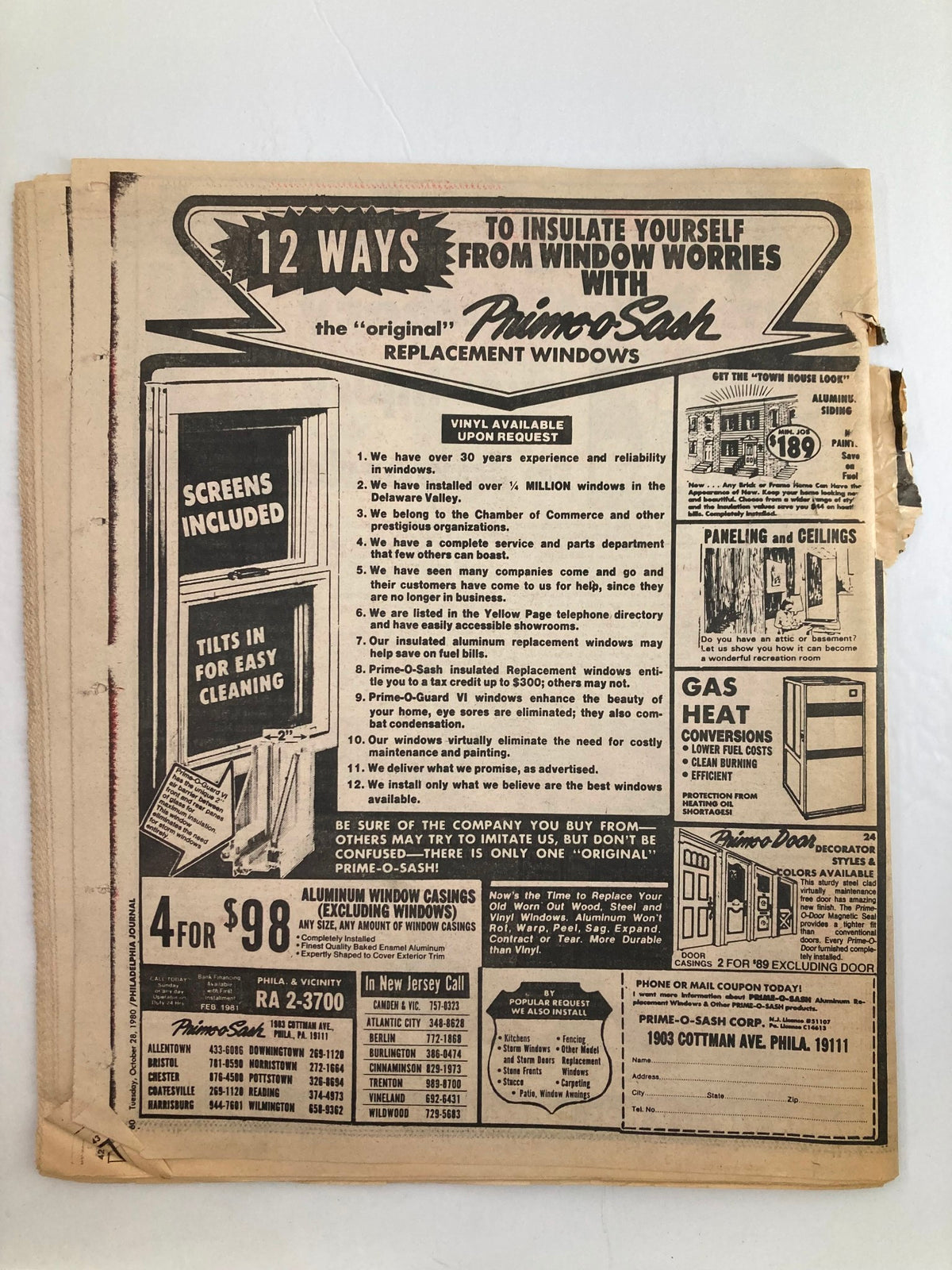 Advertisement page from the Philadelphia Journal Tabloid, dated October 28, 1980, Vol 3 #273, featuring promotional content for windows and home improvements.