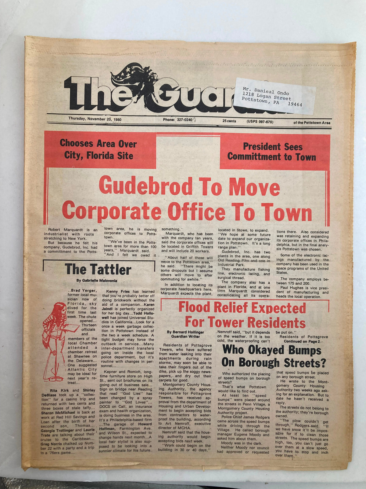 The Guardian Newspaper November 20, 1980 featuring the headline 'Gudebrod To Move Corporate Office To Town' along with news sections and graphic layout.
