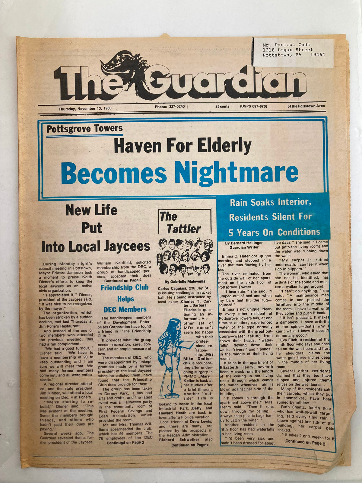 The Guardian Newspaper dated November 13, 1980, headline reads 'Haven For Elderly Becomes Nightmare'. Image shows the front page featuring articles about Pottsgrove Towers and local Jaycees.