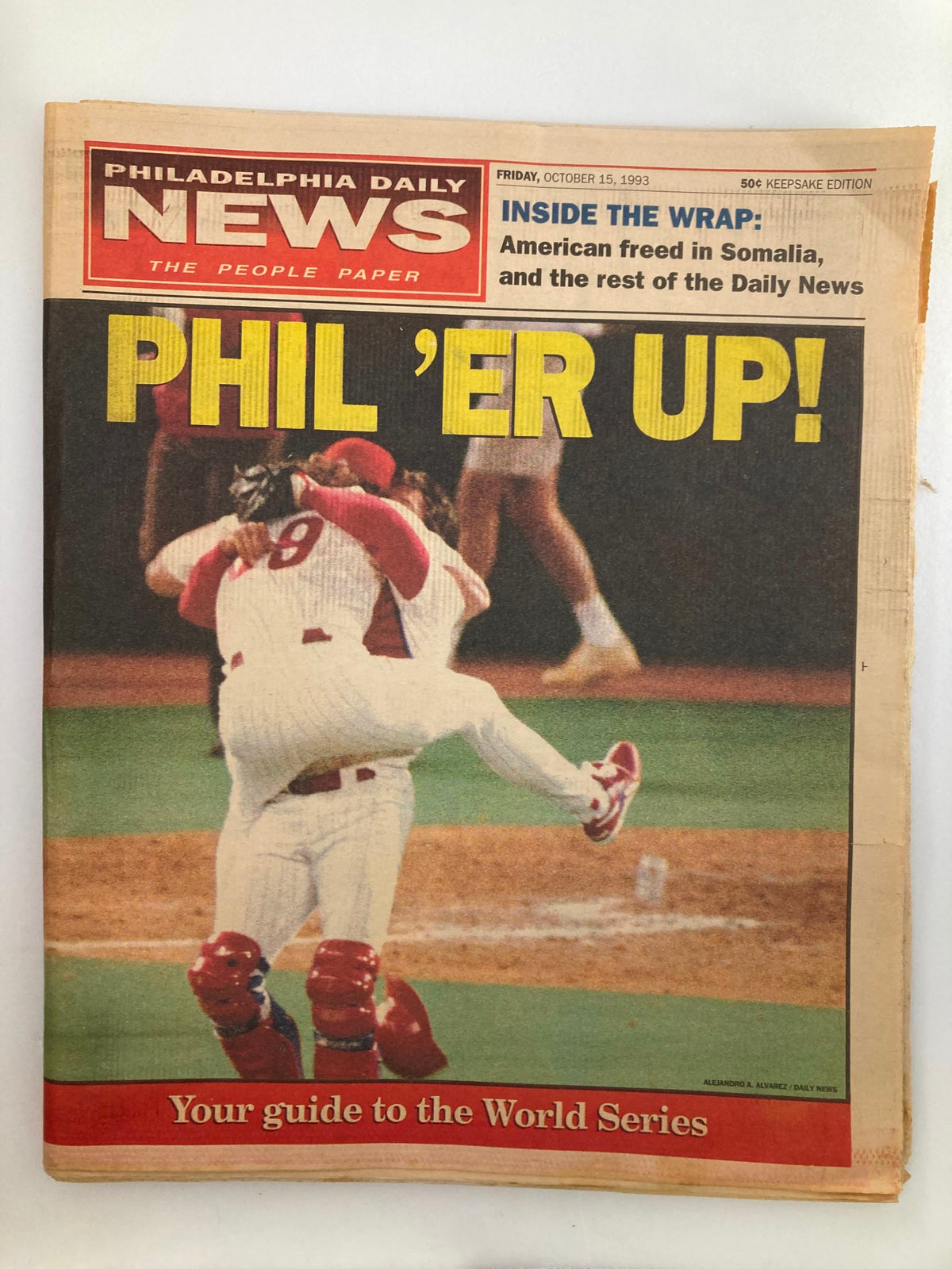 Philadelphia Daily News Tabloid from October 15, 1993 featuring coverage on the Philadelphia Phillies and MLB, showcasing a player in action with the headline 'PHIL'ER UP!'.