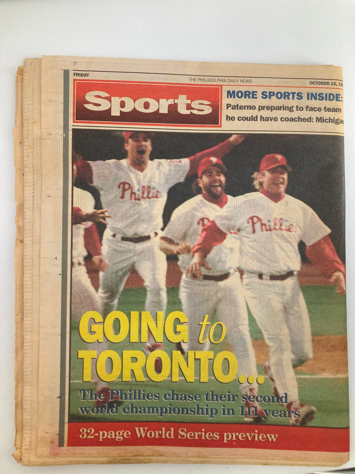 Philadelphia Daily News Tabloid from October 15, 1993 highlighting the Phillies' journey to the World Series with the headline 'GOING to TORONTO...' and details about their second championship chase.