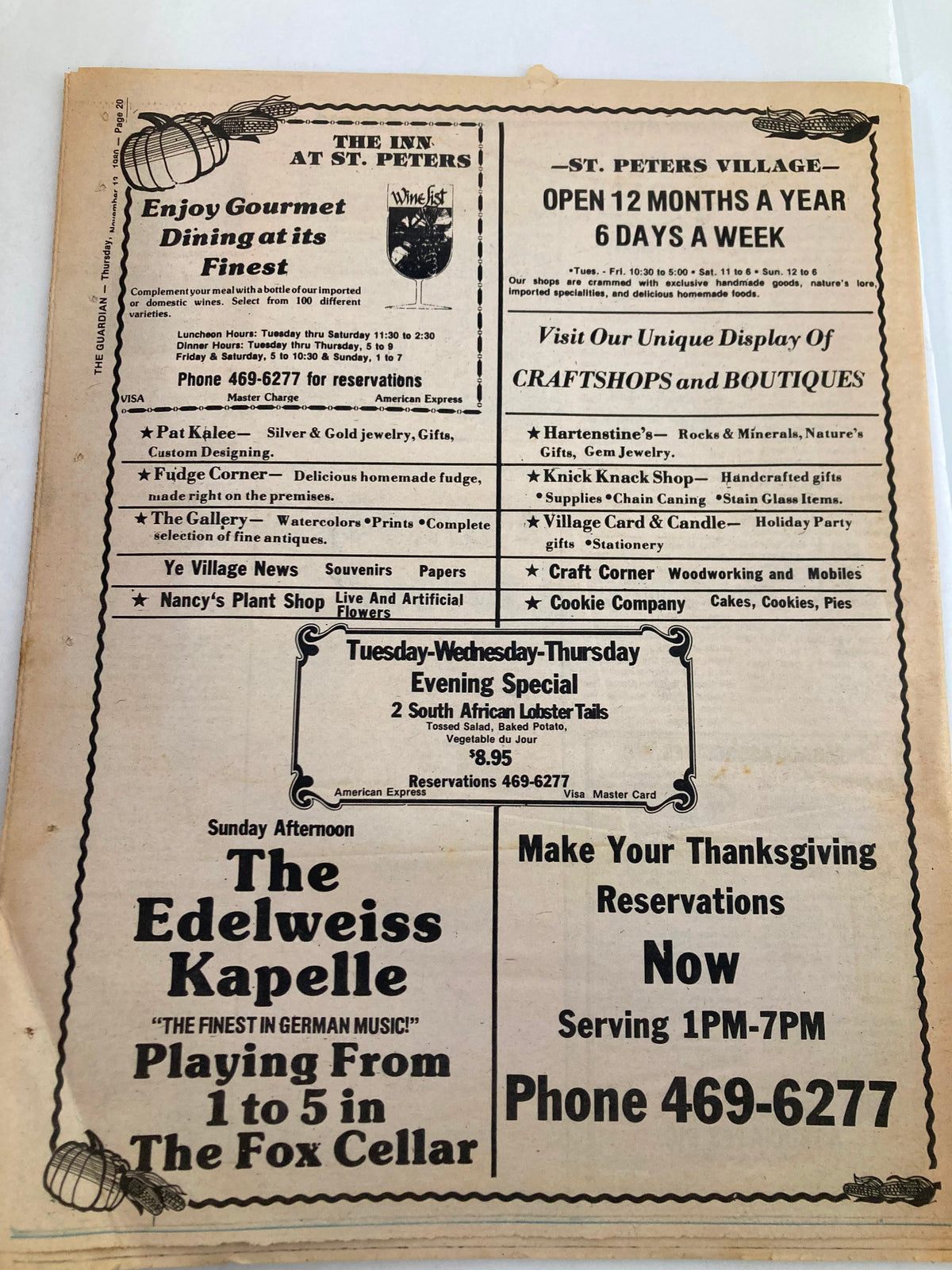 The Guardian Newspaper from November 13, 1980, featuring the headline 'Haven for Elderly Becomes Nightmare', showing an advertisement for dining and entertainment at The Inn at St. Peter's Village.