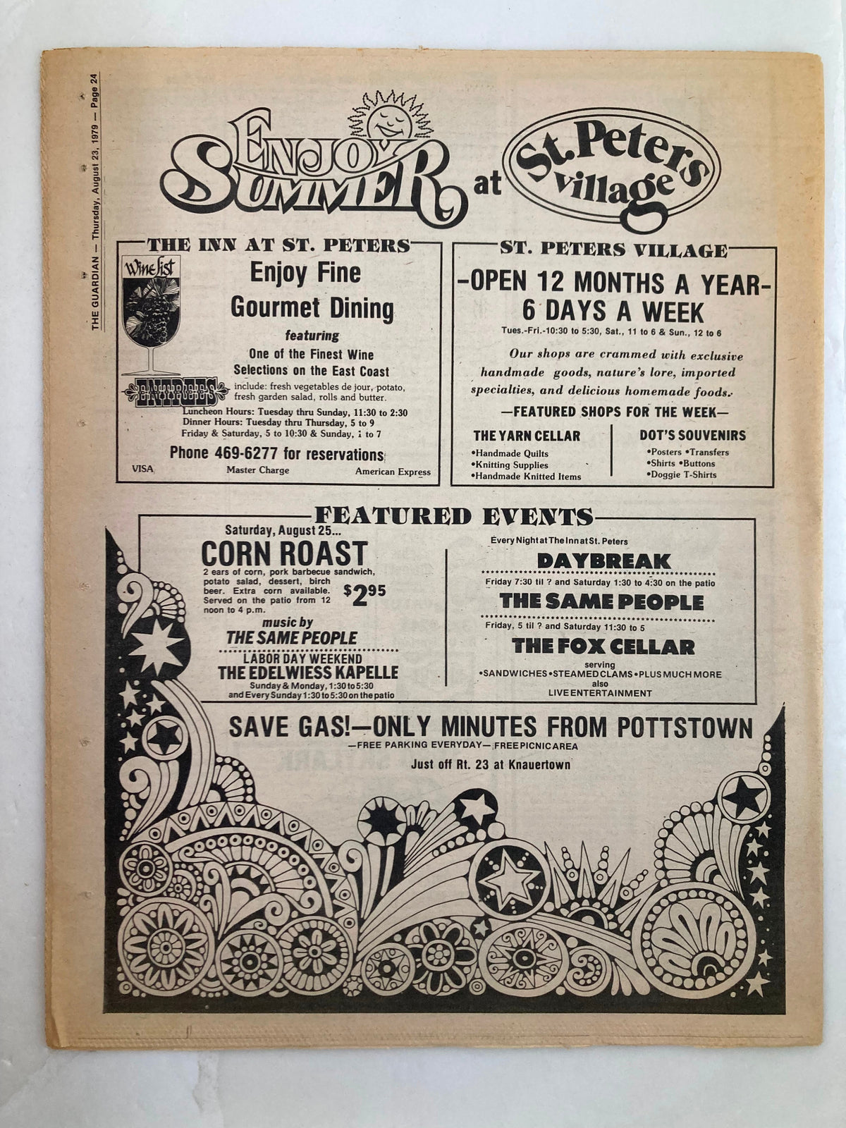The Guardian Newspaper August 23 1979 Vol 4 #46 back cover showcasing advertisements for local events and dining options at St. Peter's Village.