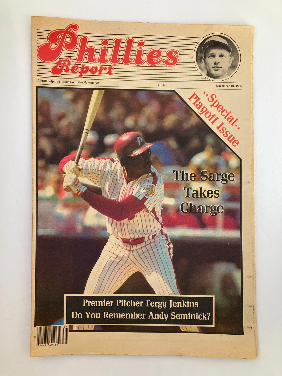 Philadelphia Phillies Report Newspaper from November 10, 1983 featuring Gary "Sarge" Matthews in action at bat, highlighting his impact on the team. This special playoff issue emphasizes noteworthy players and events in Phillies history.