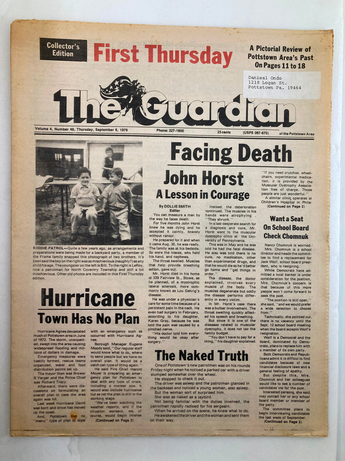 The Guardian Newspaper September 6, 1979 Vol 4 #48 featuring the article 'A Lesson in Courage' by John Horst, showcasing headlines and historical imagery.