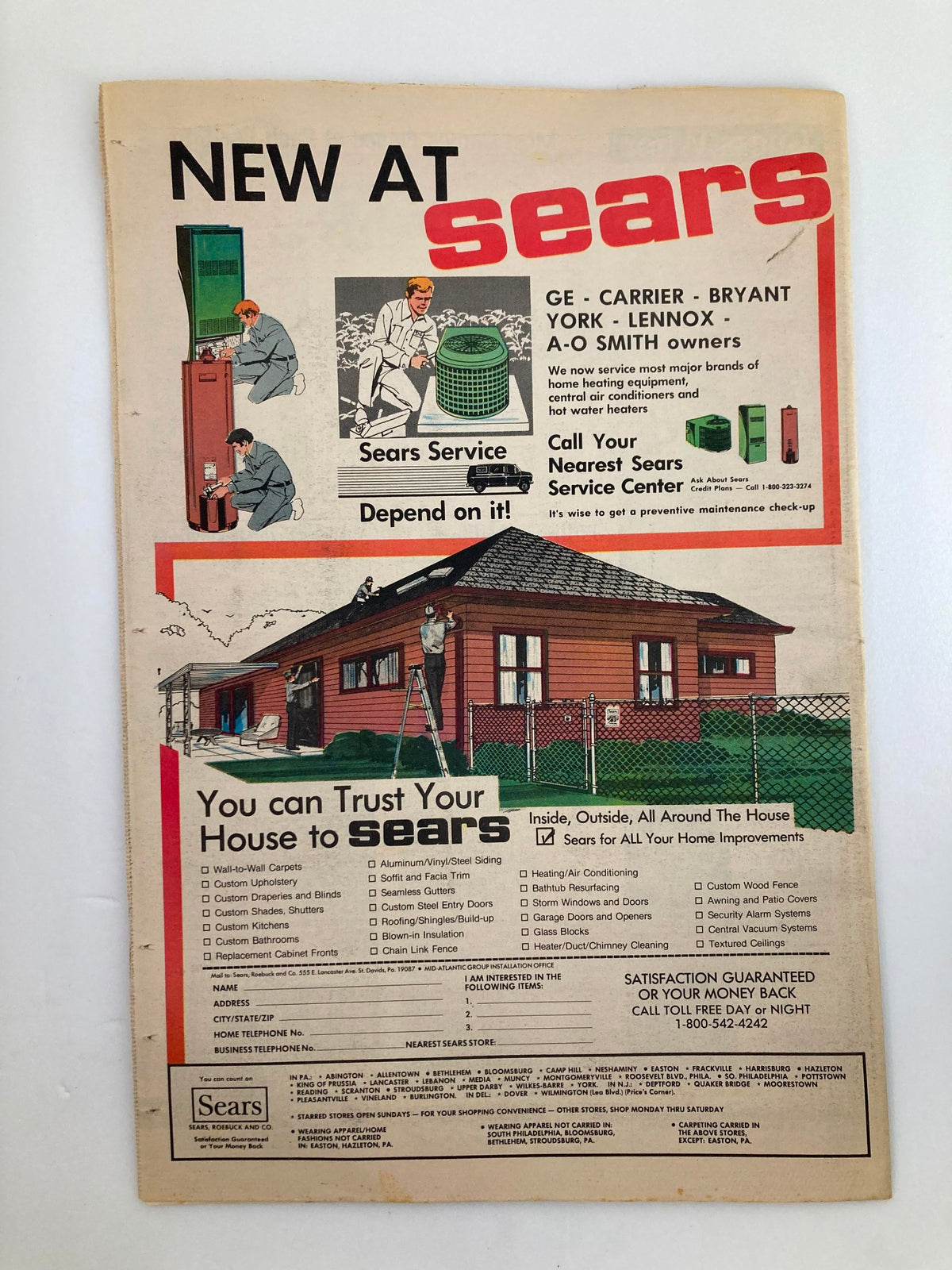 Back cover of a vintage newspaper advertising new services at Sears, featuring illustrations promoting various home improvement products and services. This advertisement reflects the style and marketing strategies of the early 1980s.