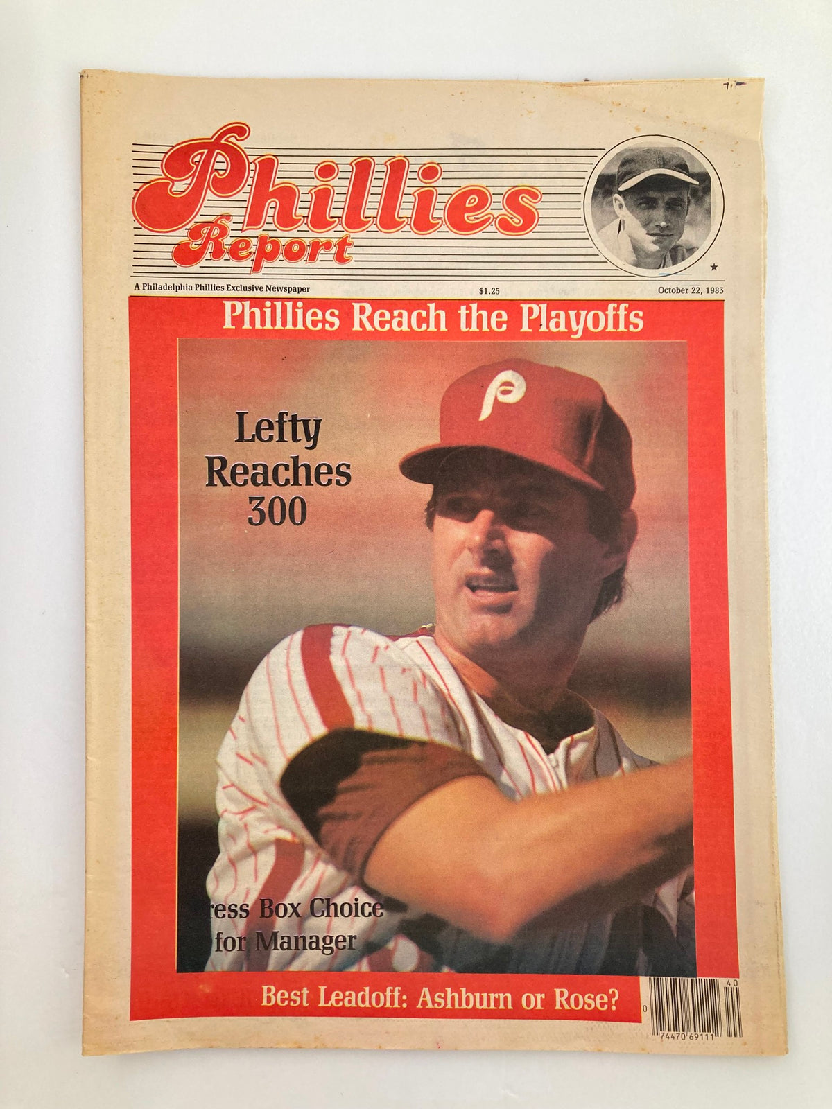 Philadelphia Phillies Report Newspaper October 22 1983 cover featuring a baseball player with the caption 'Lefty Reaches 300', discussing the ongoing MLB playoffs, and questioning 'Best Leadoff: Ashburn or Rose?'