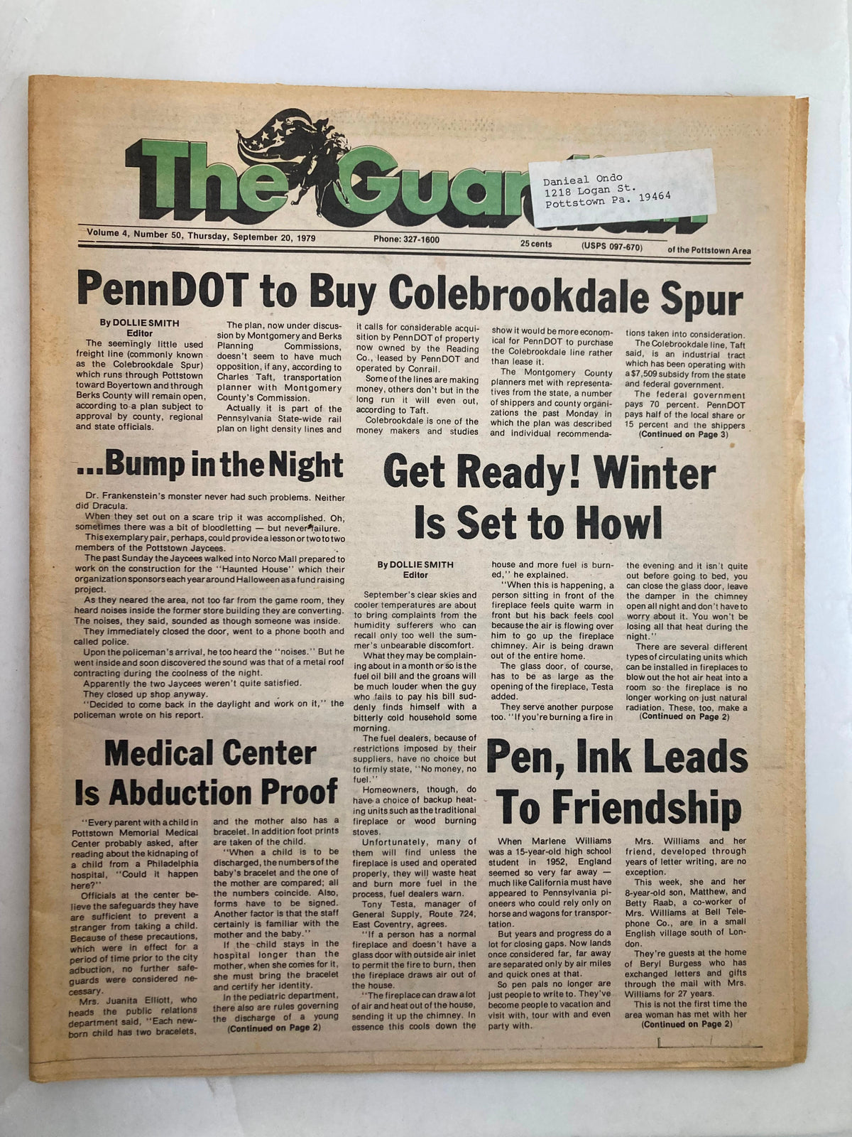 The Guardian Newspaper September 20 1979 Vol 4 #50 featuring articles including 'PennDOT to Buy Colebrookdale Spur' and 'Winter is Set to Howl'. Good condition with minor wear and a protective cover.
