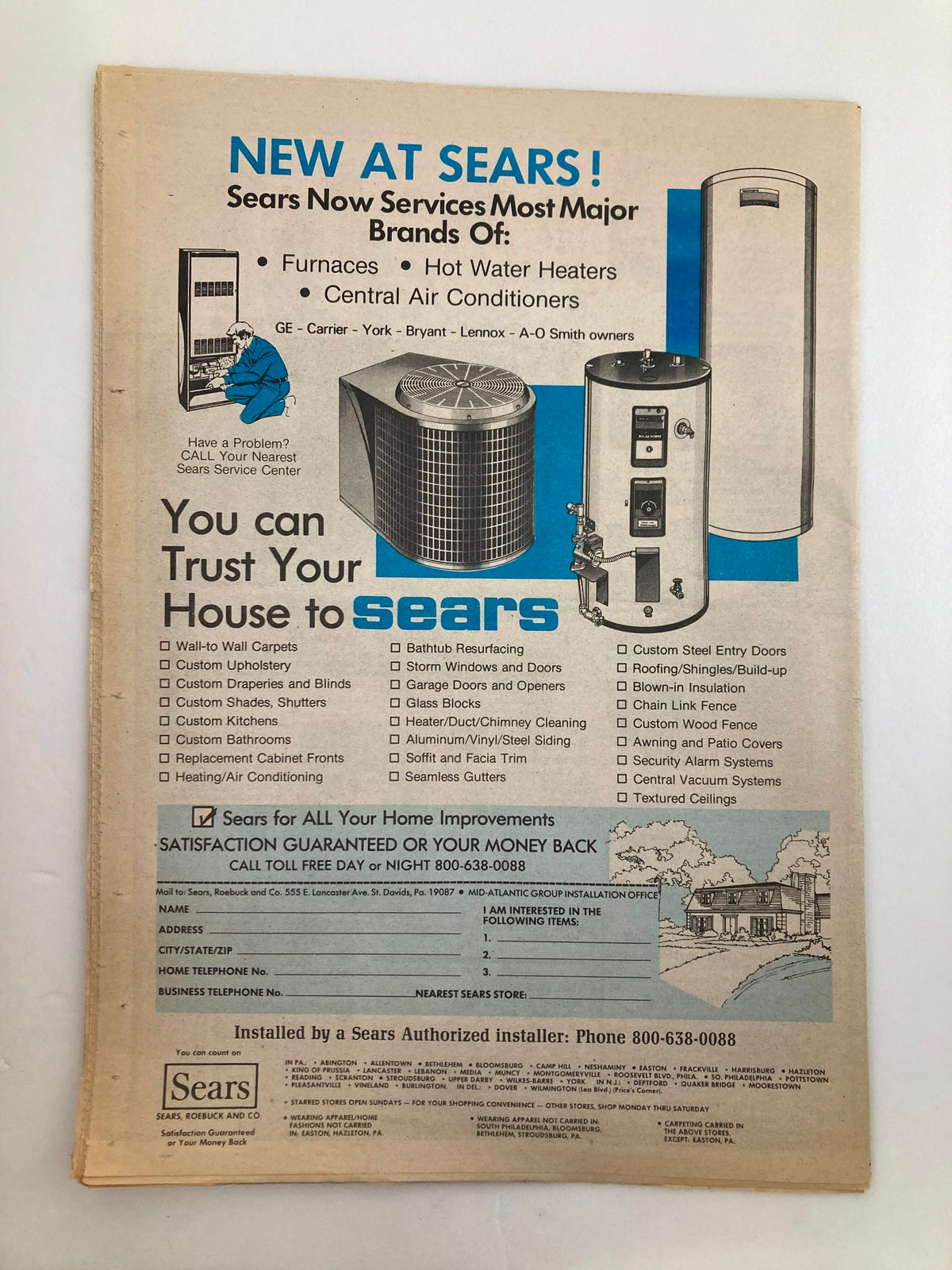 Back cover of the Philadelphia Phillies Report Newspaper September 8, 1983 including an advertisement for Sears services, highlighting home appliances and installations.