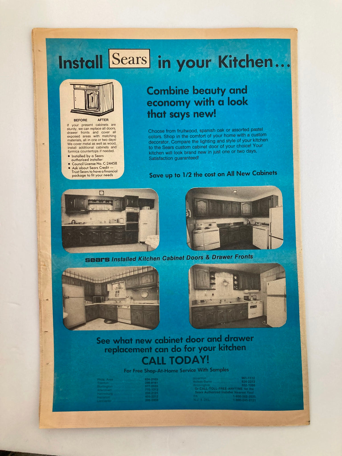 Reverse side of the Philadelphia Phillies Report Newspaper October 6 1983, displaying an advertisement for Sears kitchen cabinets.