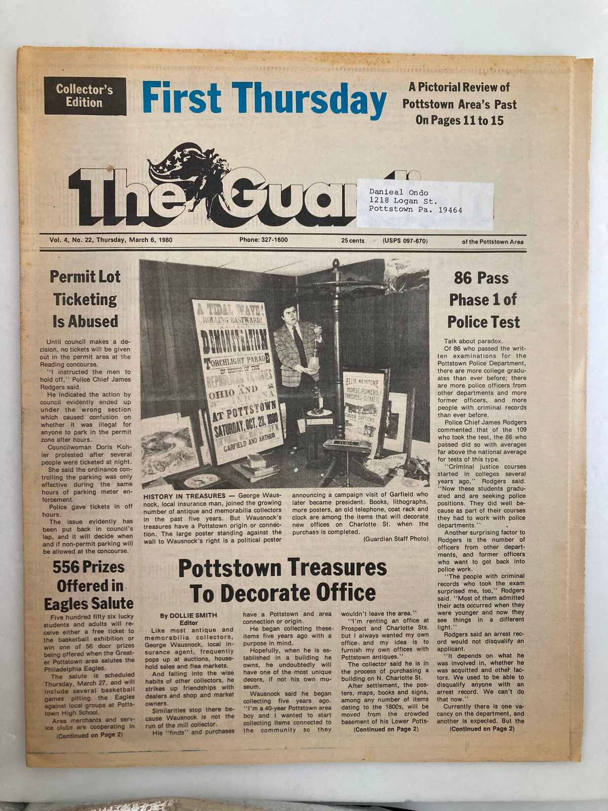 The Guardian Newspaper March 6, 1980 Vol 4 #22 featuring articles on Pottstown Treasures and local events, good condition with minor wear and a protective covering.