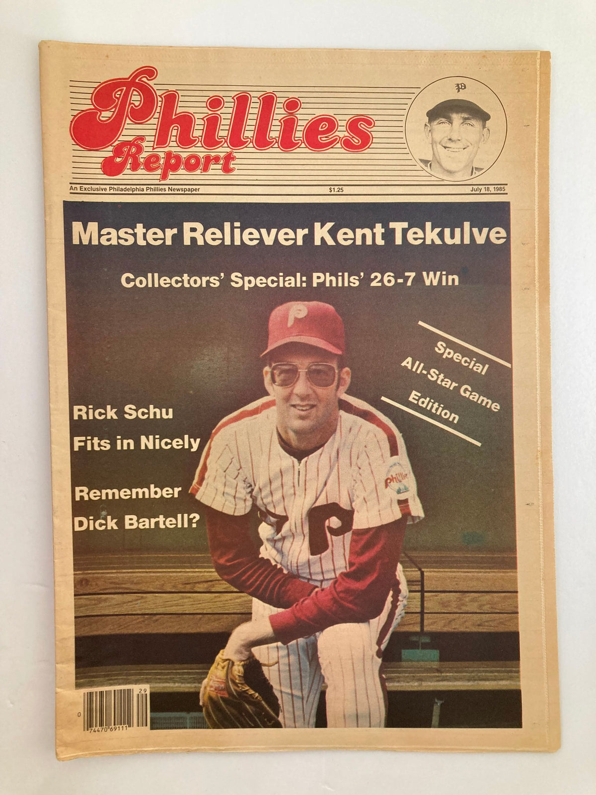 Philadelphia Phillies Report Newspaper July 18 1985 featuring Master Reliever Kent Tekulve, showcasing the Phillies' special All-Star Game edition.