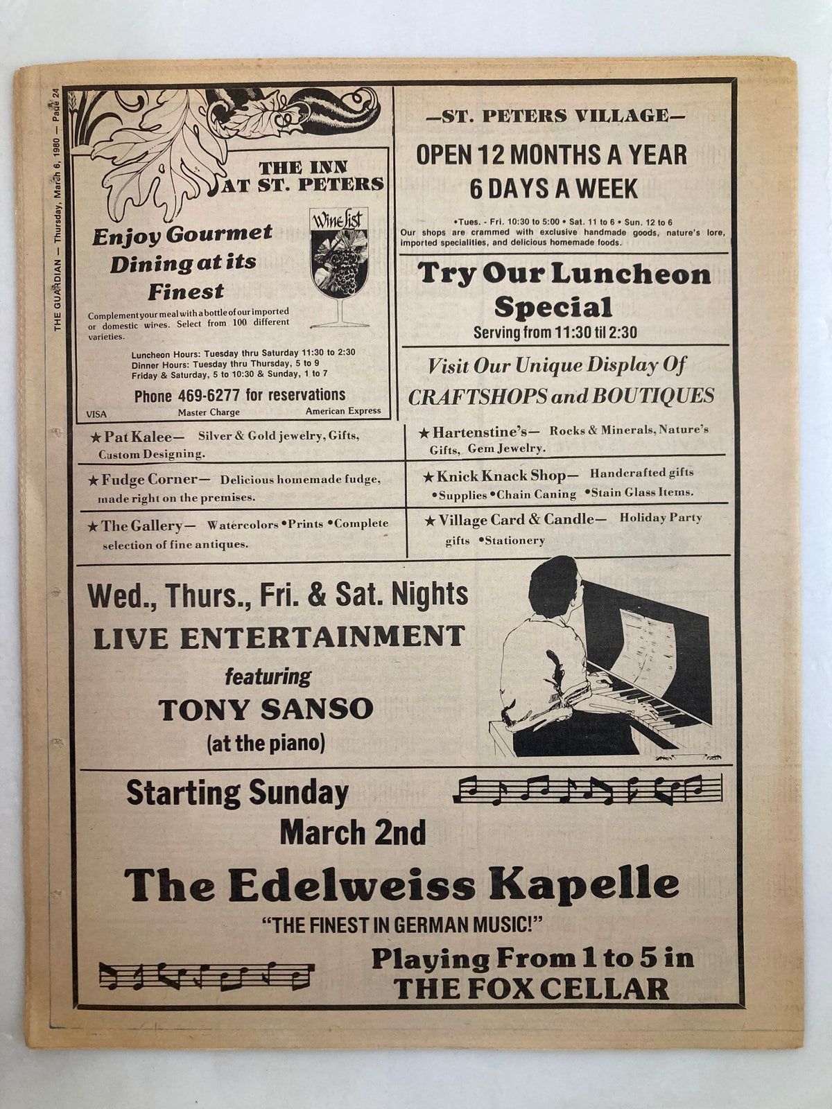 Reverse side of The Guardian Newspaper March 6, 1980 Vol 4 #22 showcasing local advertisements including The Inn at St. Peters and events on March 2.