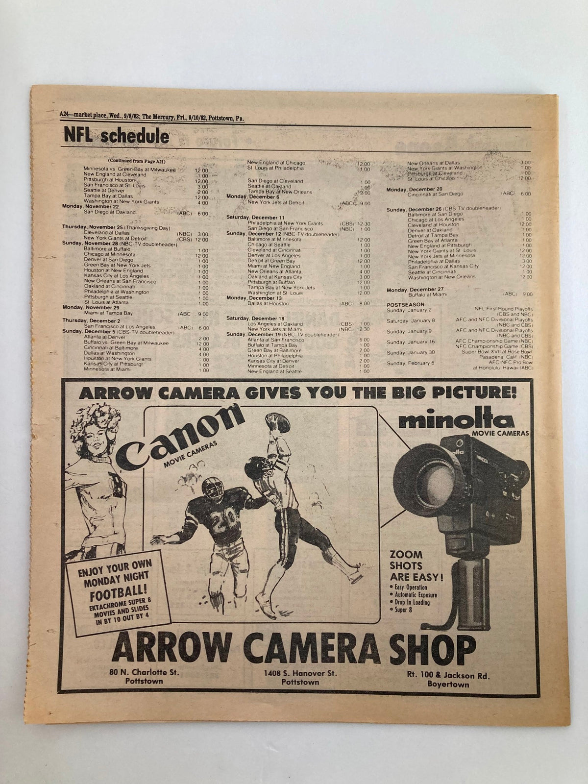 Interior page of The Football Preview Supplement September 10 1982, featuring NFL game schedule listings and an advertisement for Arrow Camera Shop.